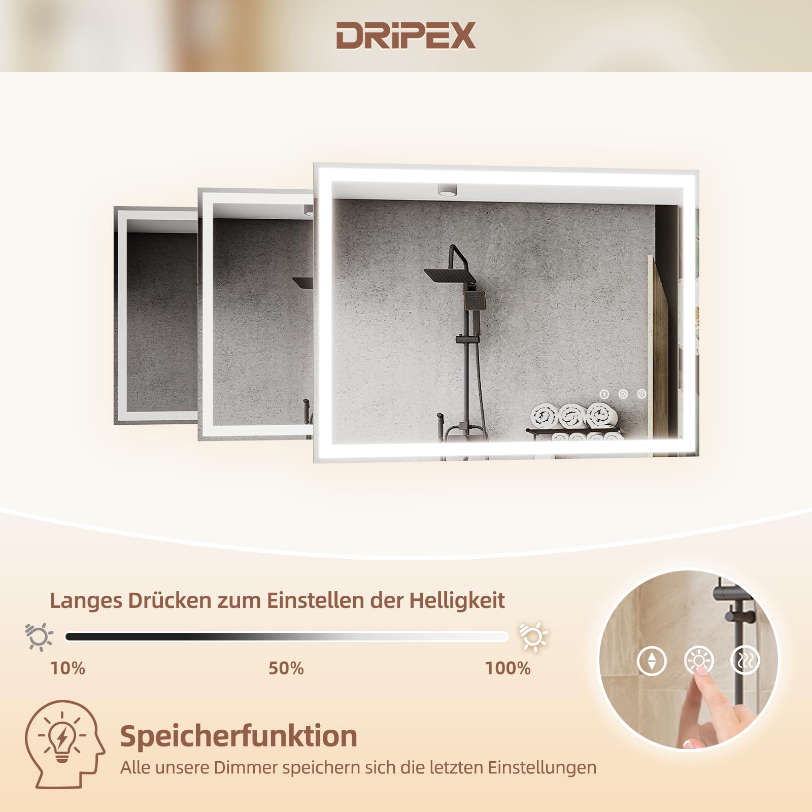 Dripex Espejo de Baño con Luz LED 100 x 80 cm, Interruptor Antivaho Independiente, 3 Temperaturas y Brillo Ajustable, Memoria, con Botón Impermeable Físico - Horizontal/Vertical