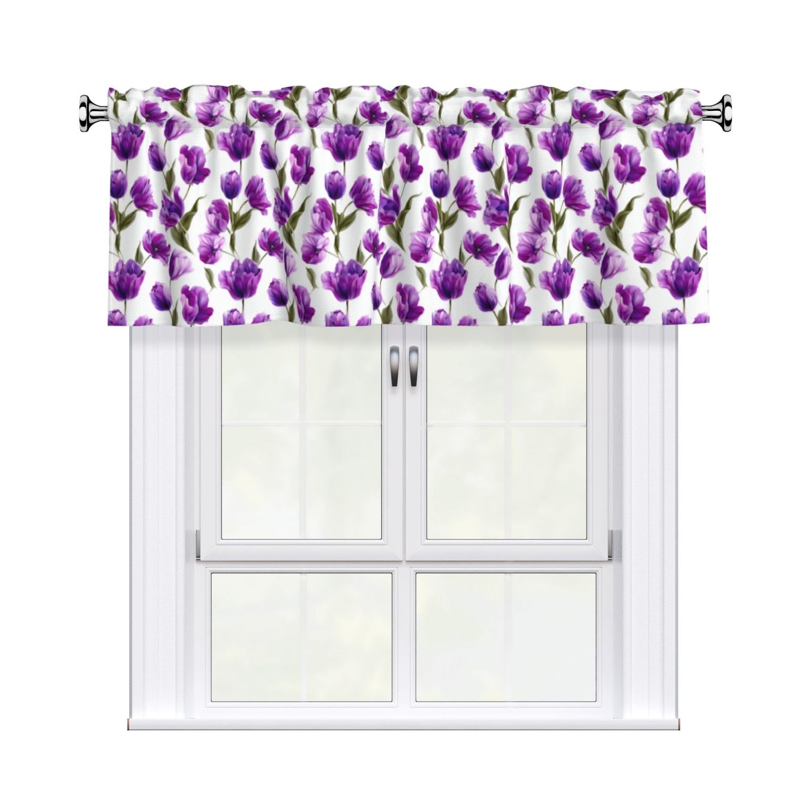 Woshuwo Purple Tulip Spring Flowers Valances For Windows Rod Pocket Window Treatment Short Curtains For Kitchen Living Room Bedroom Decor 54x18in