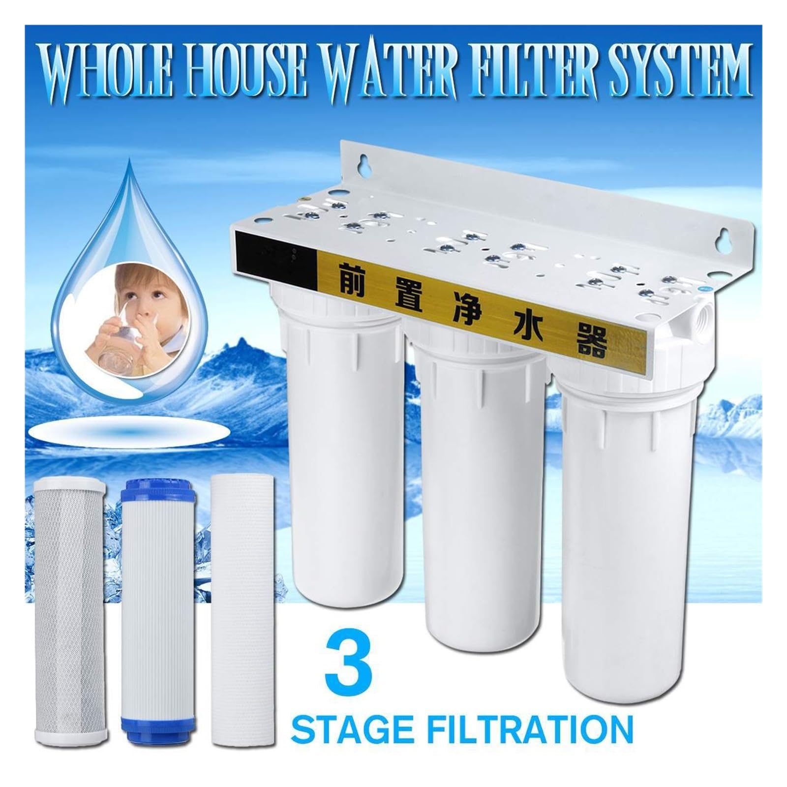 Purificador de agua con 3 cartuchos de filtro, PP UDF CTO | Purificador de agua frontal de cocina general, consumo directo en el hogar