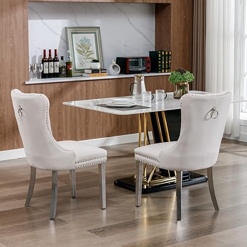 Miniatura 172 de Aoowow Juego de 2 sillas de comedor tapizadas de terciopelo, sillas laterales sin brazos con respaldo de ala, botones y patas de madera maciza para