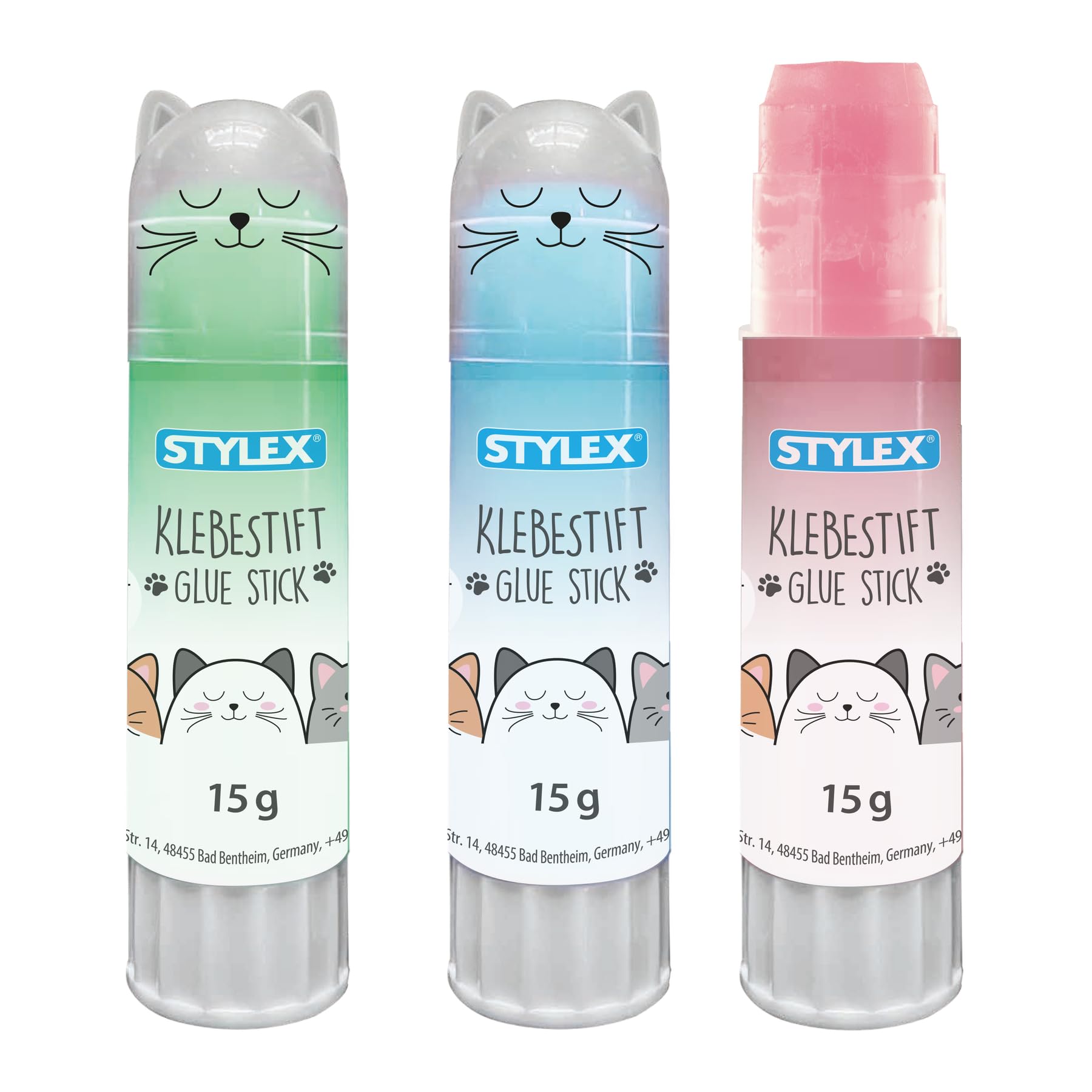 Stylex 23369-P12 - Stick di colla con disegno di gatto, 12 x 15 g di colla in 3 colori pastello, spalma colorata, incolla trasparente, lavabile e senza solventi