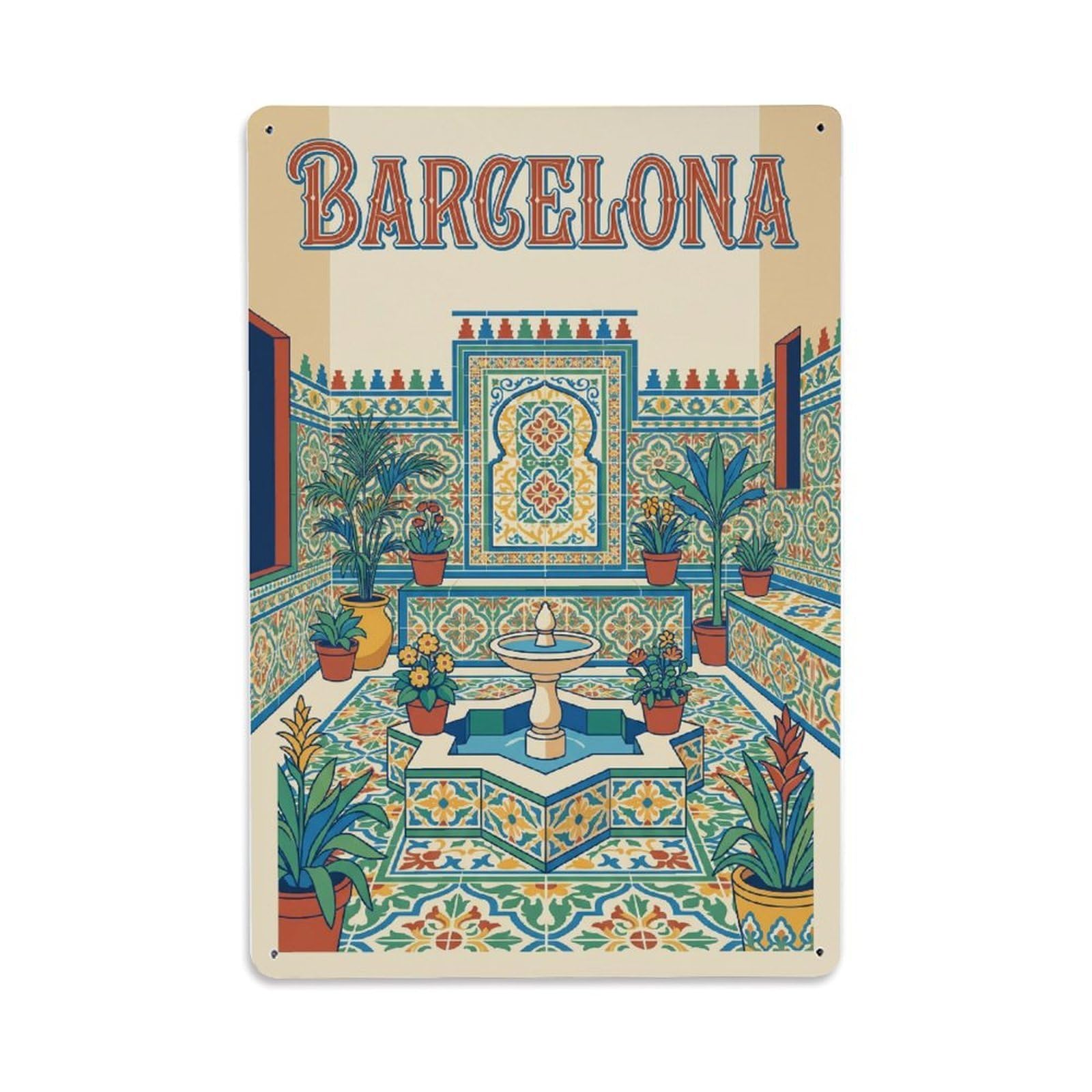 Vintage Travel Courtyard Spain Tiled Metal Tin Sign Plaque Wall Decor for Cafe, Club Bar, Office, Home Garden Metal Poster 8x12Inch