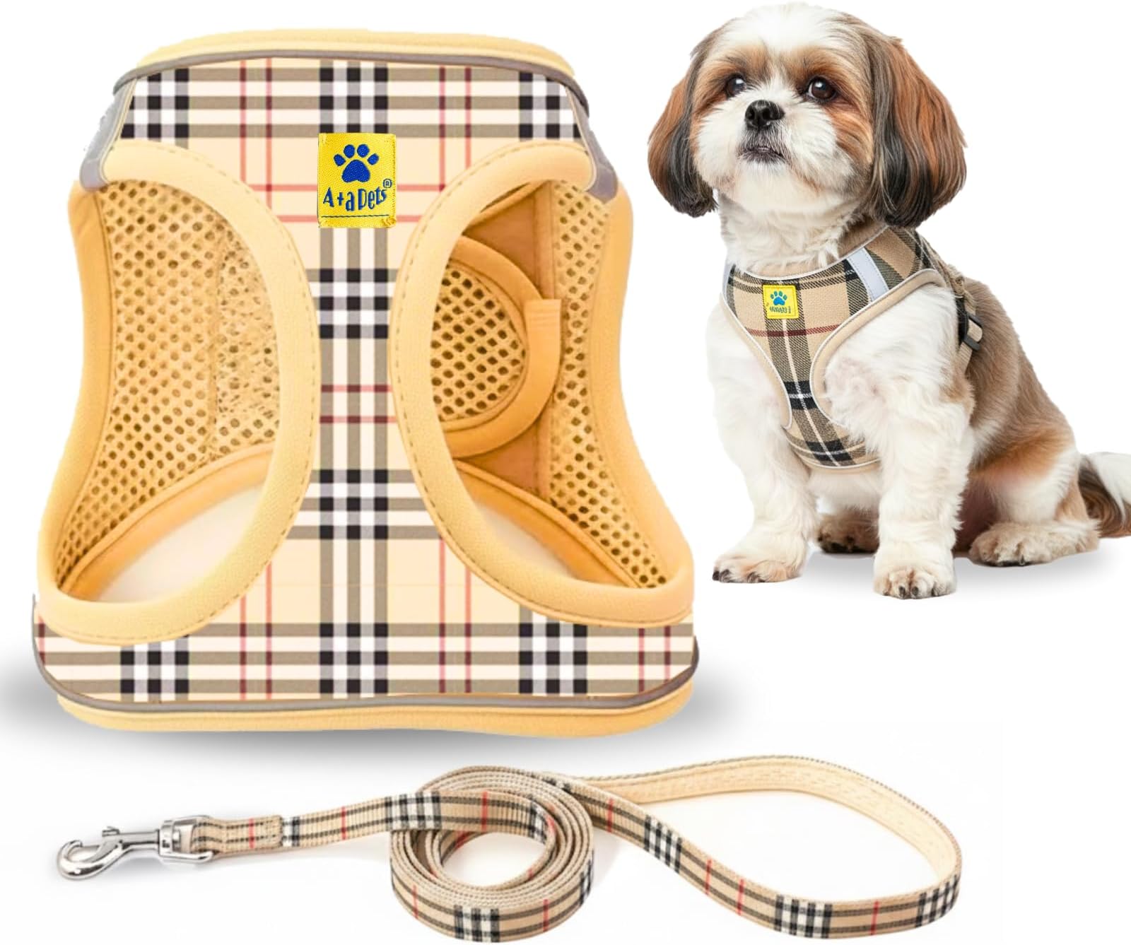 Bur-Berry Checks Dog Harness & Leash Set – Adjustable Padded Step-in No-Pull Harness Belt Combo (S)