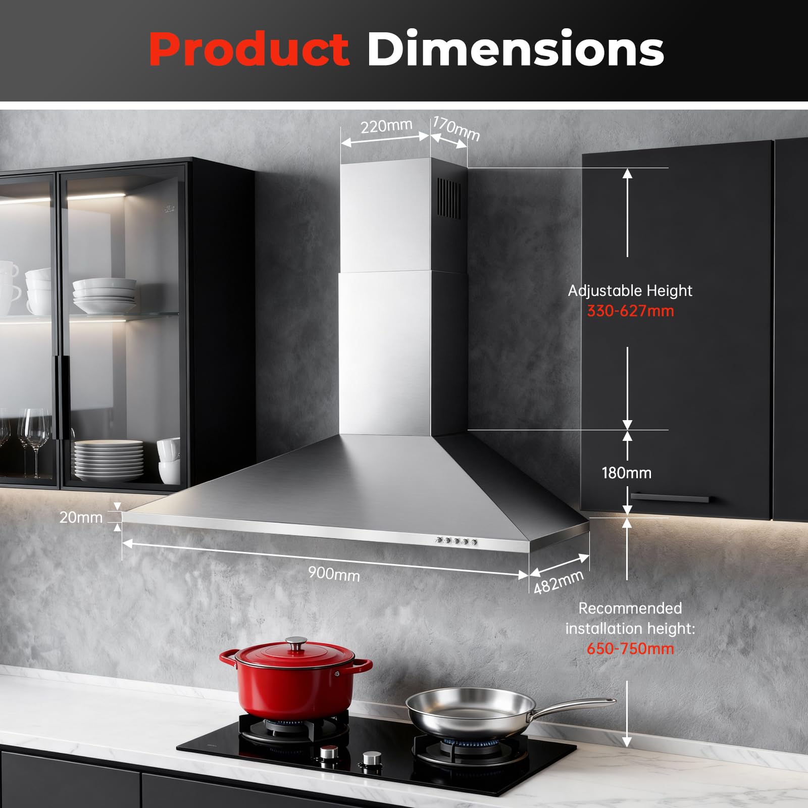 SNDOAS Chimney Cooker Hood 90cm, 400m³/h Extractor Fan for Kitchen with Carbon Filters, A+++, 3-Speed with LED Lights, Recirculating & Ducting Modes Wall Mounted Range Hood, Silver — view 3
