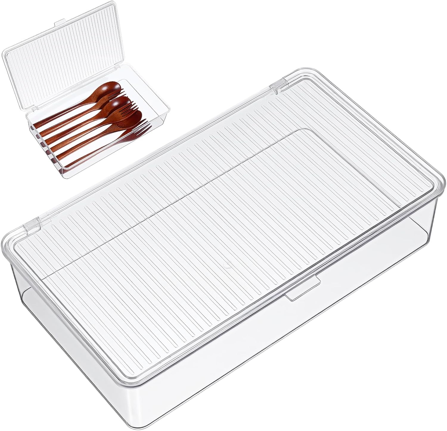 Clear Plastic Storage Bin with Lid, Small Silverware Organizer with Cover, Transparent Kitchen Utensil Drawer Tray for RV Countertop Flatware