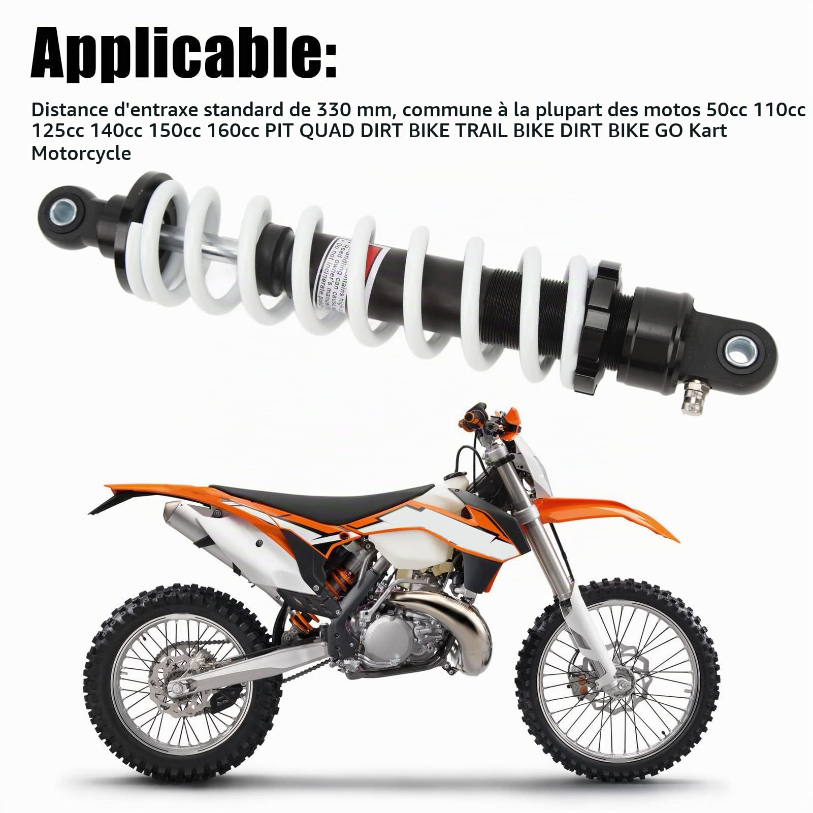 Amortisseur Arrière 330 Mm Amortisseur Arrière de Moto Suspension Arrière Amortissement Réglable pour 50 110 125 PIT QUAD DIRT Bike Trail Bike GO Kart