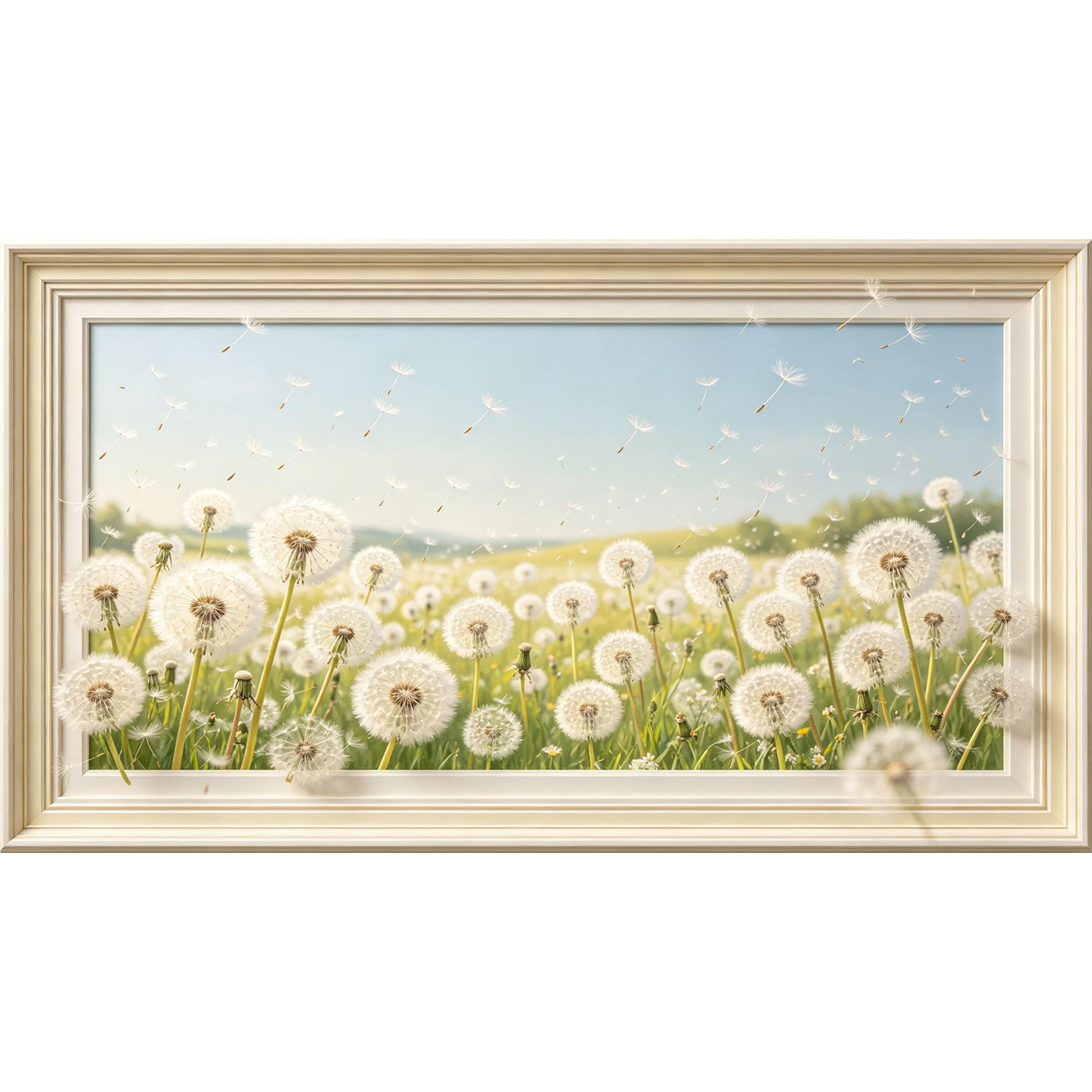 QZLITHOTIC 50×90cm3D Framed Wall Art， Botanical Dandelion Field Landscape Self?Adhesive Mural， Water?Activated Peel & Stick Fabric Decor Wall Decal for Bedroom Living Room