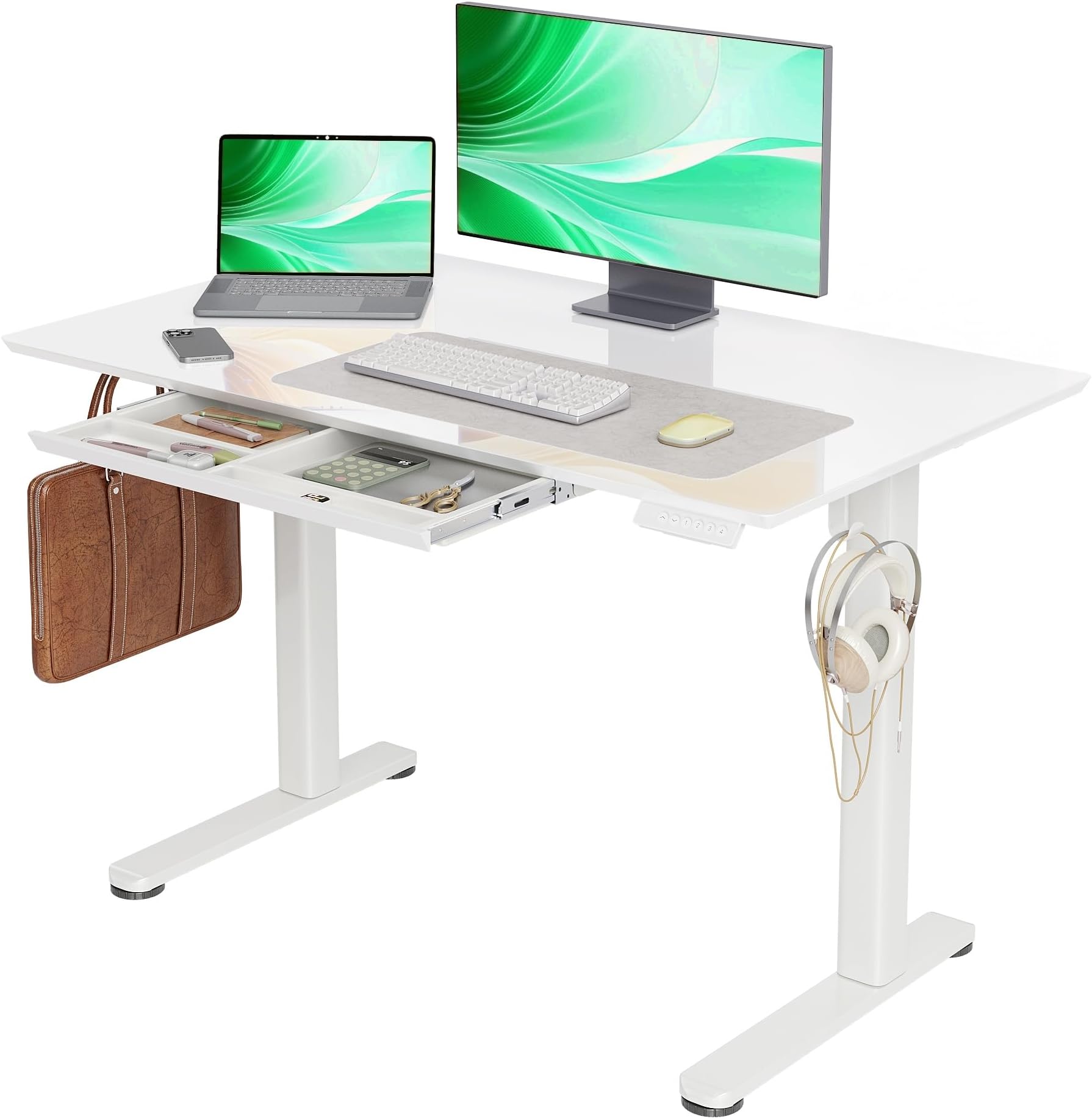 YDN Glass Standing Desk with Drawer, 48 x 24 Inches Electric Adjustable Height Desk, Sit Stand Home Office Desk with Tempered Glass Top, White