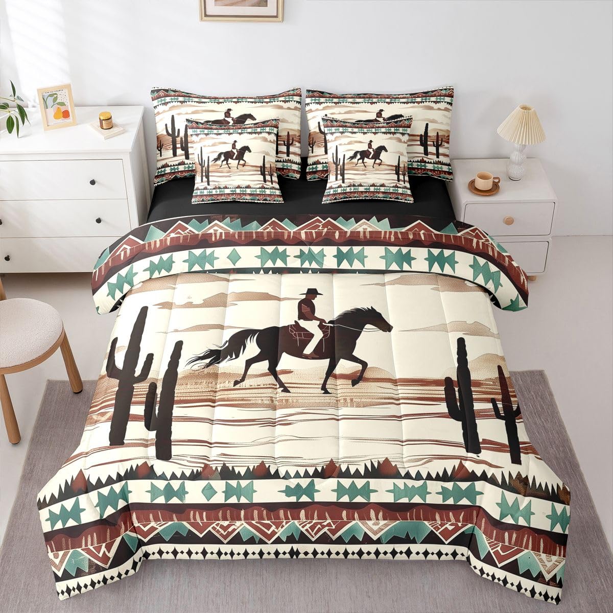 Feelyou Cowboy Silhouette Full Comforter Set with Sheets Western Desert Cactus 7 Pieces Bedding Set Tribal Pattern Bed in a Bag Southwestern Geometric Room Decor Vintage Western Soft Lightweight
