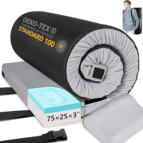 VINGLI Colchón de espuma viscoelástica de 3 pulgadas, colchón portátil para dormir, cama enrollable para invitados y adultos, con almohada y