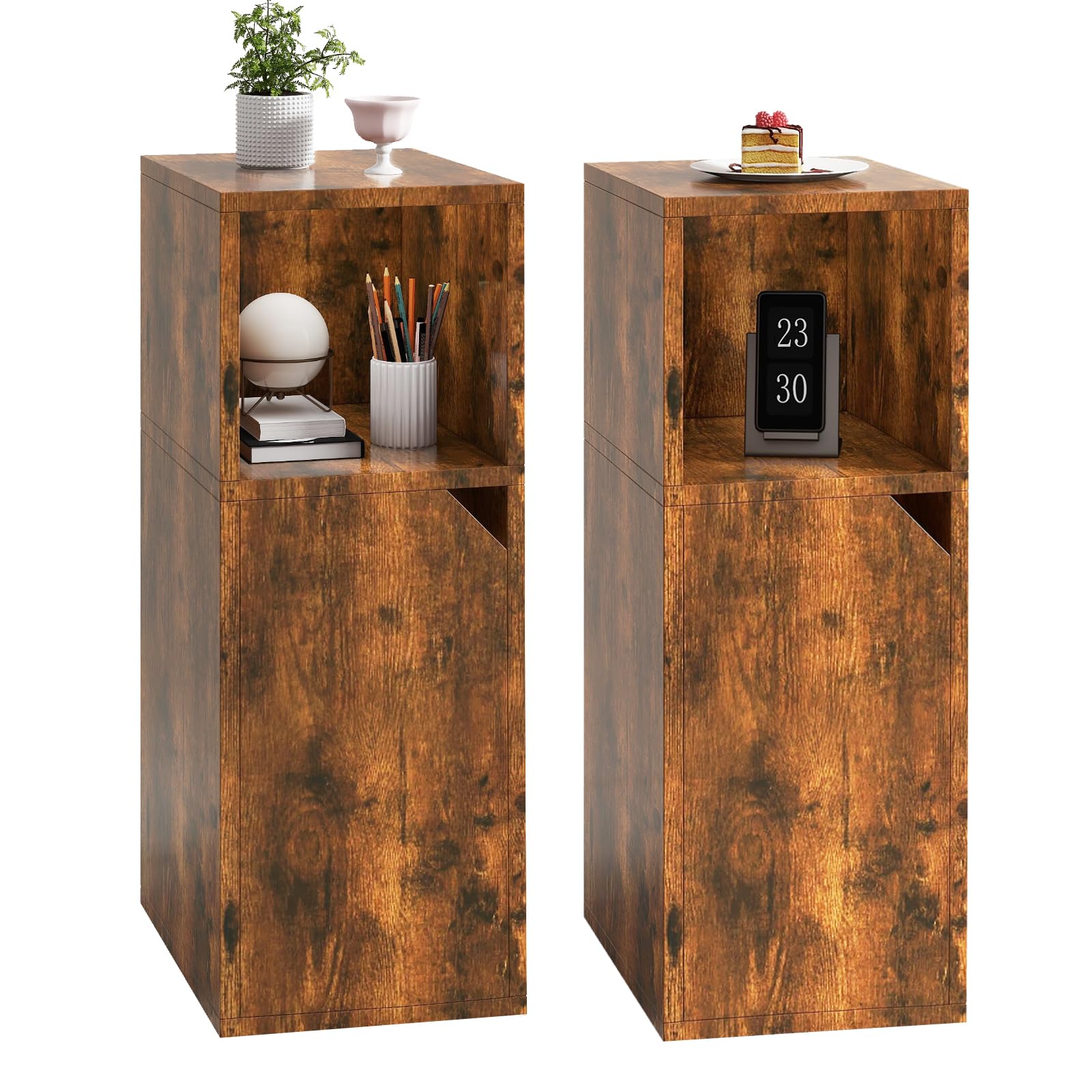YMYNY Mesita de Noche Estrecha, Juego de 2, Mesa Auxiliar, Mesilla de Noche, Compartimento Abierto, Estante Ajustable, 24 x 29 x 62 cm, de Madera, para Dormitorio, Salón, Marrón Rústica HST016H-2