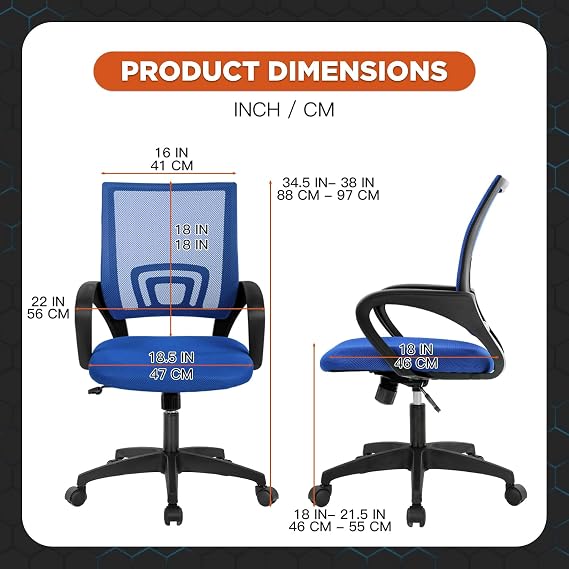Ergonomic Office Chair - Mesh Desk Task Computer Swivel Chair with Lumbar Support, Modern Executive Adjustable, Blue