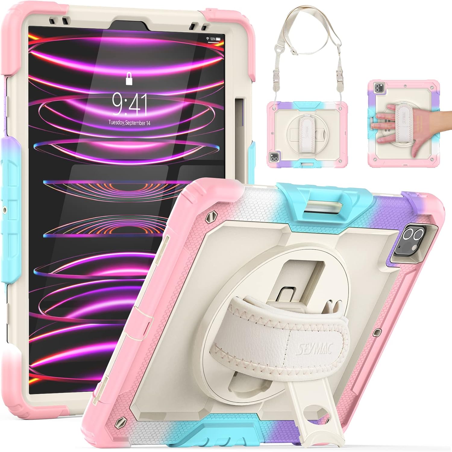 SEYMAC Kids Case for iPad Pro 12.9 2022/2021/ 2020/2018, Heavy Duty Protection Shockproof Case with Screen Protector, Rotating Stand/Handle/Shoulder Strap, Supports Pencil 2 Charging, Beige Pink Colorful Pink 12.9 inch