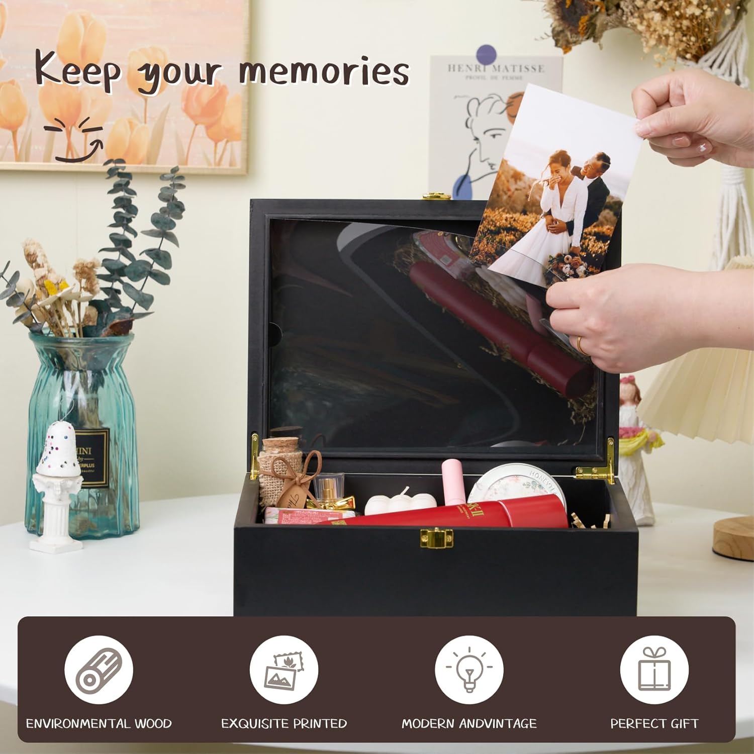 Larger Wooden Memory Keepsake Boxes With Hinged Lids and a photo frame inside the lid - Decorative Storage Box With a Hinge Lids For Picture Letter Time Capsule - 5.3“*8.6”*11.7“ Black