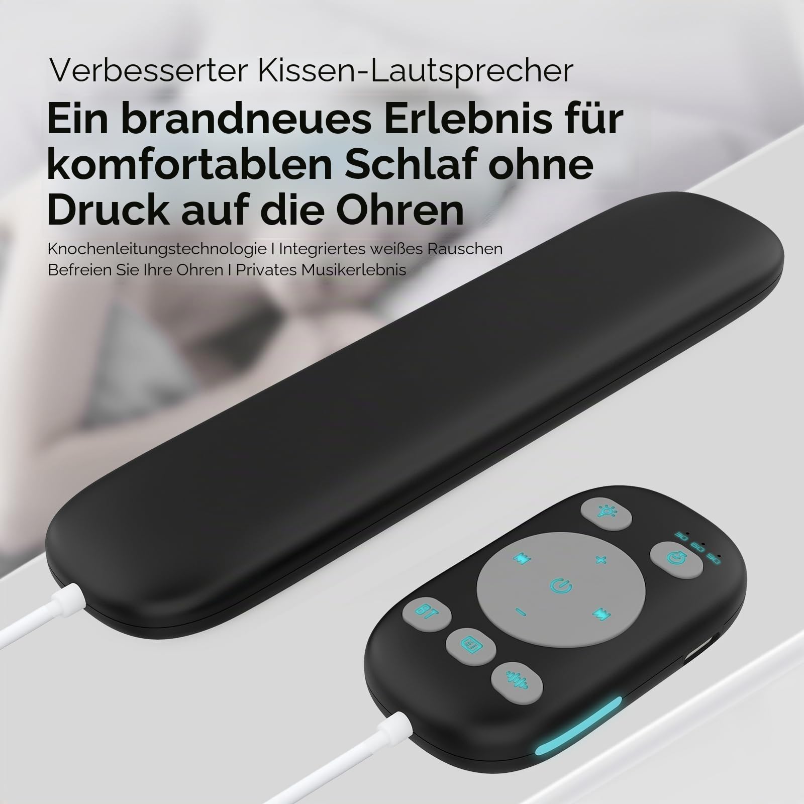 Bluetooth-Knochenschalllautsprecher mit Fernbedienung, 3 Modi, Weißes Rauschen für Unter das Kopfkissen, Verbessert den Schlaf, 3 Timer Einschlafhilfe für Erwachsene, Seitenschläfer, Büro-Nickerchen