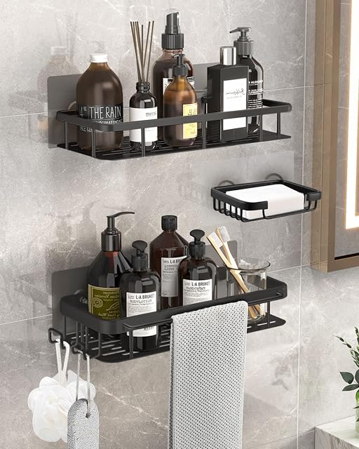 MOXTOYU 3 Pack Shower Caddy Black, No-drilling Adhesive Shower Shelf with Soap Dish, 2 Way Install Drainable Bathroom Accessories Organiser with 3 Hooks, 2 Adhesive Hooks, for Bathroom Kitchen Storage