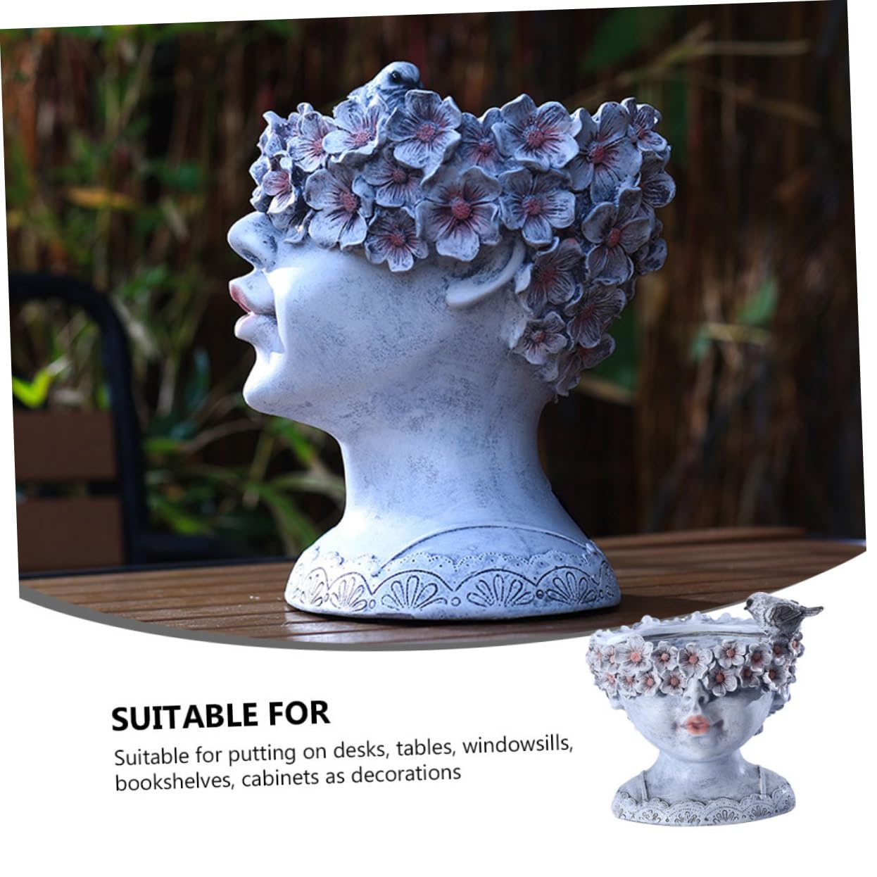 Toyvian Pot de Fleurs Solaire Créatif en Résine Grise Style Tête de Jeune Fille, Décoration Jardin et Balcon, Pot Moyen Lumineux pour Plantes Succulentes, Ornement Extérieur Chic et Moderne