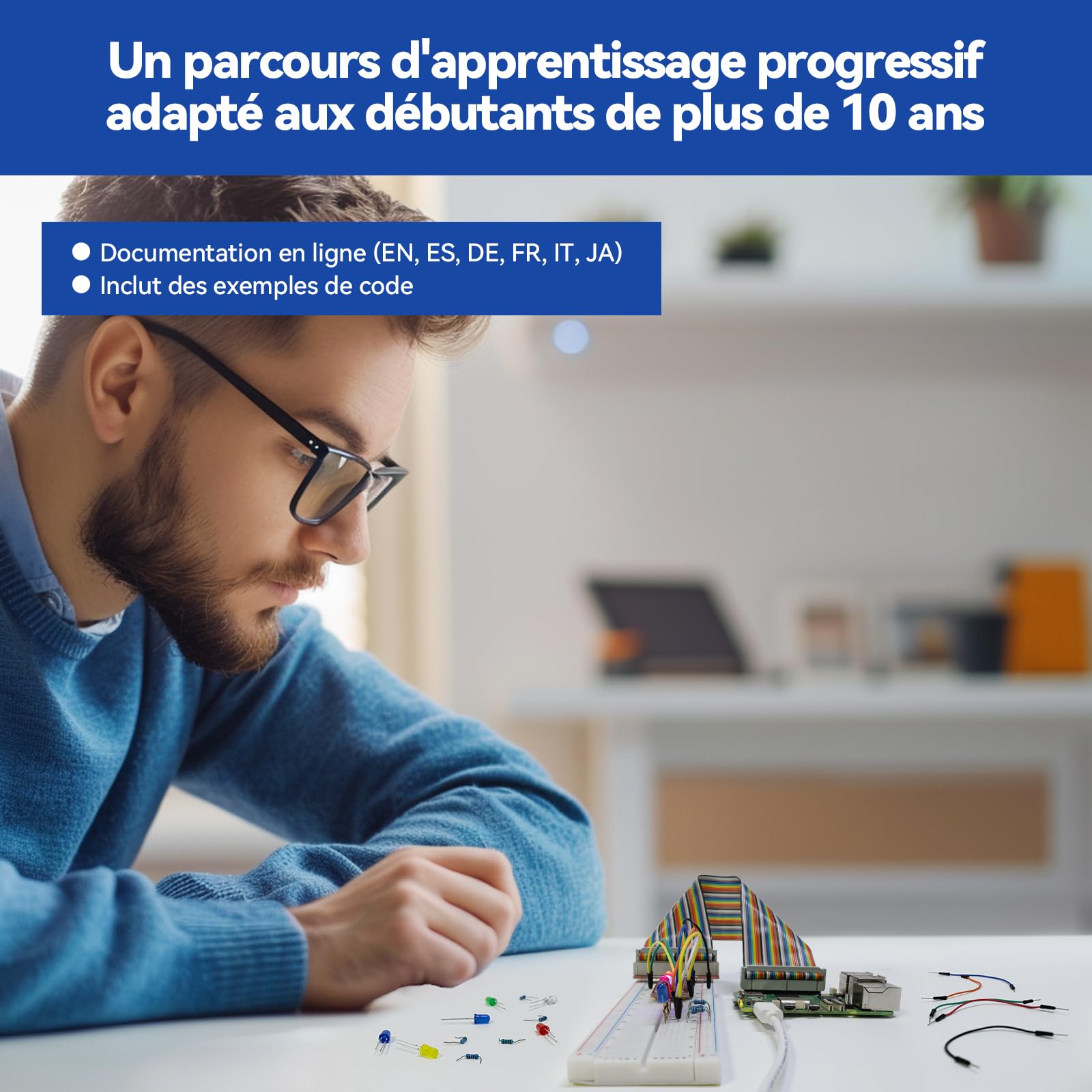 SunFounder Da Vinci Starter Kit pour Raspberry Pi 5 4B 3B B+ 400, Zero 2 W, Python C Java Scratch Node.js, Tutoriels en Ligne et Cours vidéo pour débutants et Experts (Raspberry PI Non Inclus)