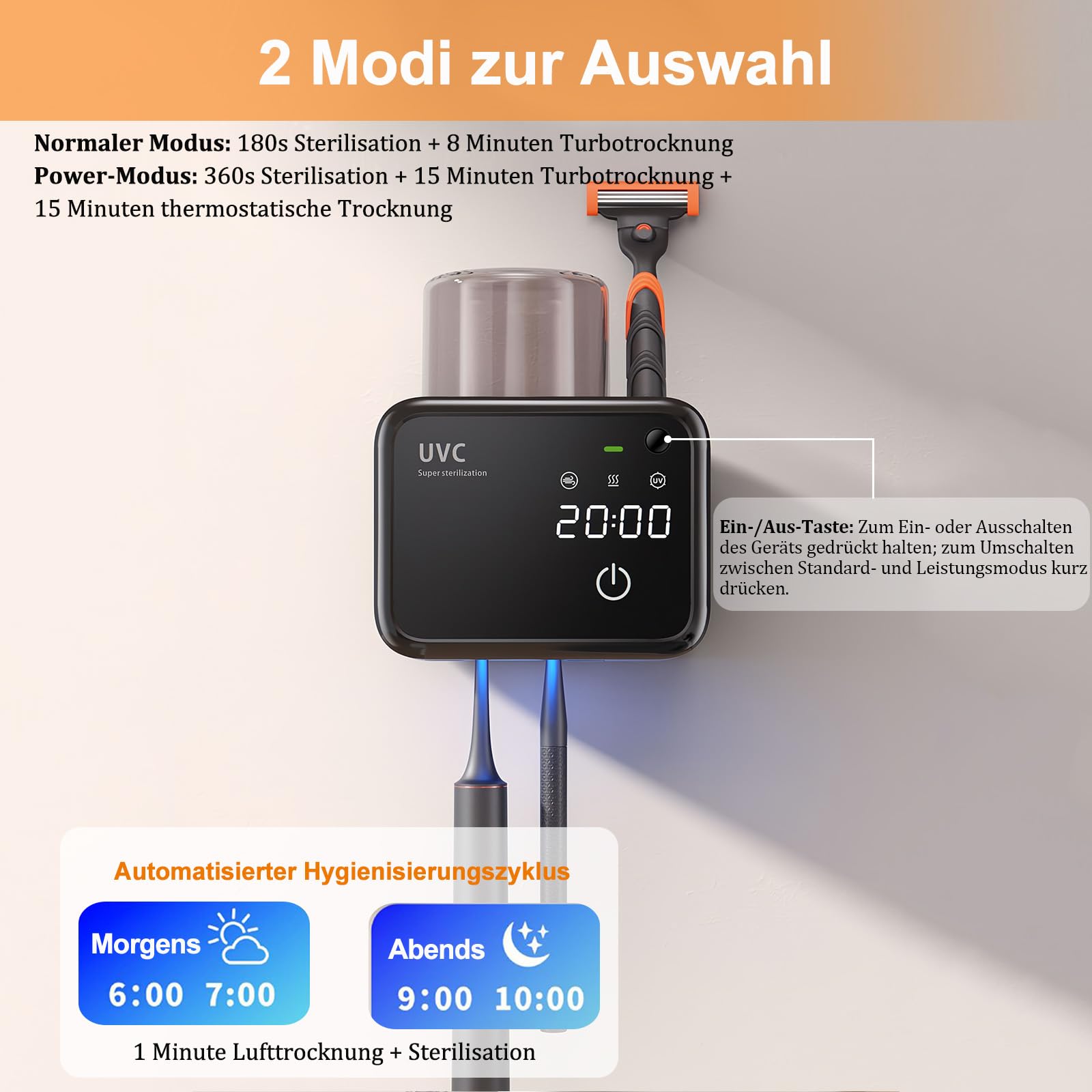 Maxspace Portaspazzolino 4000 mAh sensore portaspazzolino senza foratura, con funzione di asciugatura e timer, sterilizzatore UV con 2 fessure per spazzolino (nero)