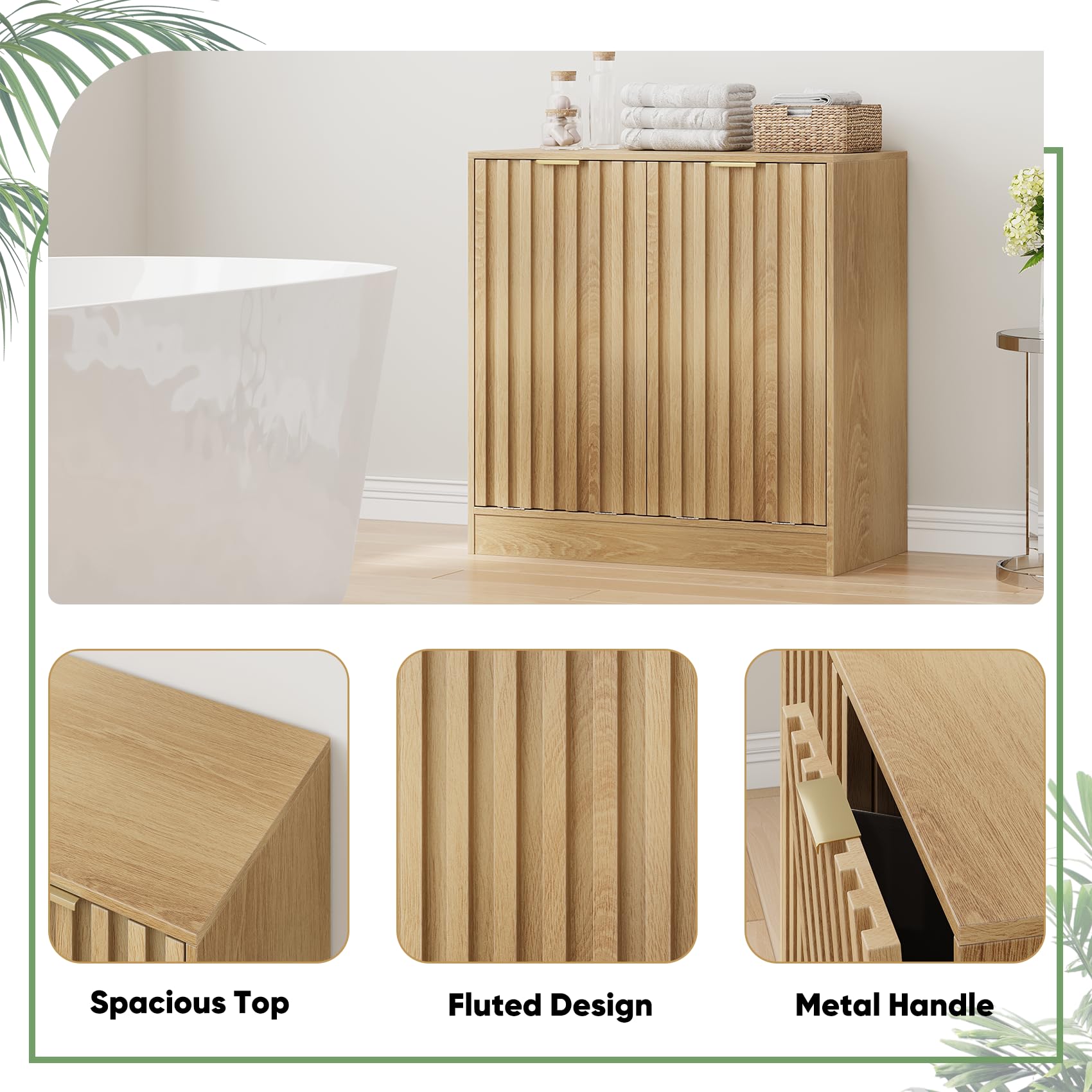 Smuxee Gabinete de lavandería doble inclinable, armario oculto con cestas dobles, cubo de basura natural con puertas estriadas para baño, cocina