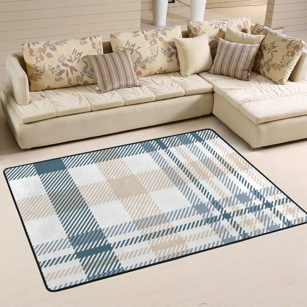 Tapis anti-tache et facile à nettoyer Ruchen bleu à carreaux en velours corail