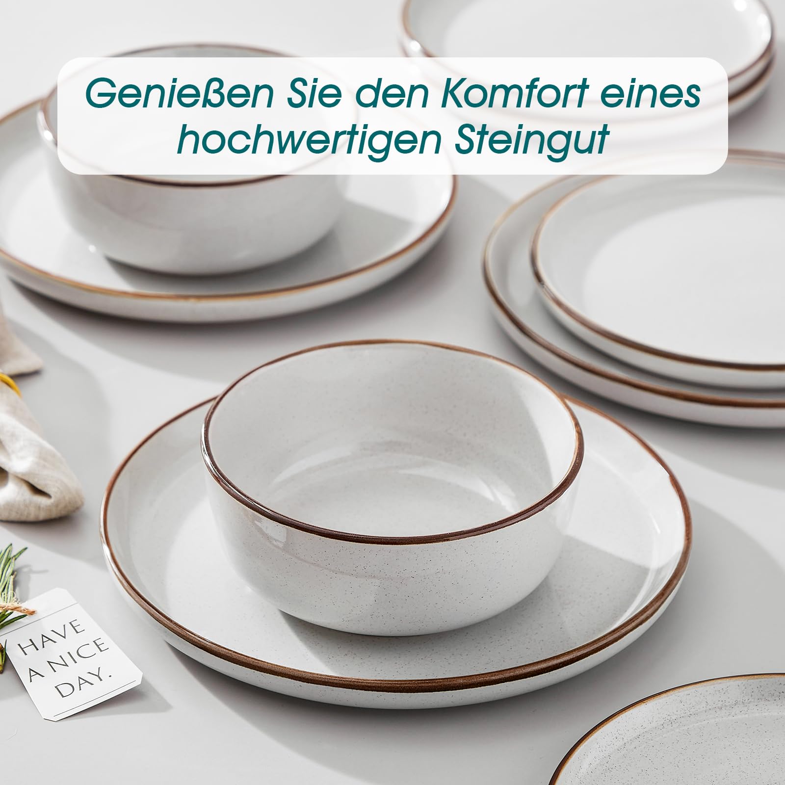 Steingut Geschirrset 6 Personen, vancasso LOIRE 18tlg Tafelservice 6 Personen Modern Grau, Beinhaltet Schüssel, Dessertteller und Speiseteller, Mikrowellenfest und Spülmaschinenfest