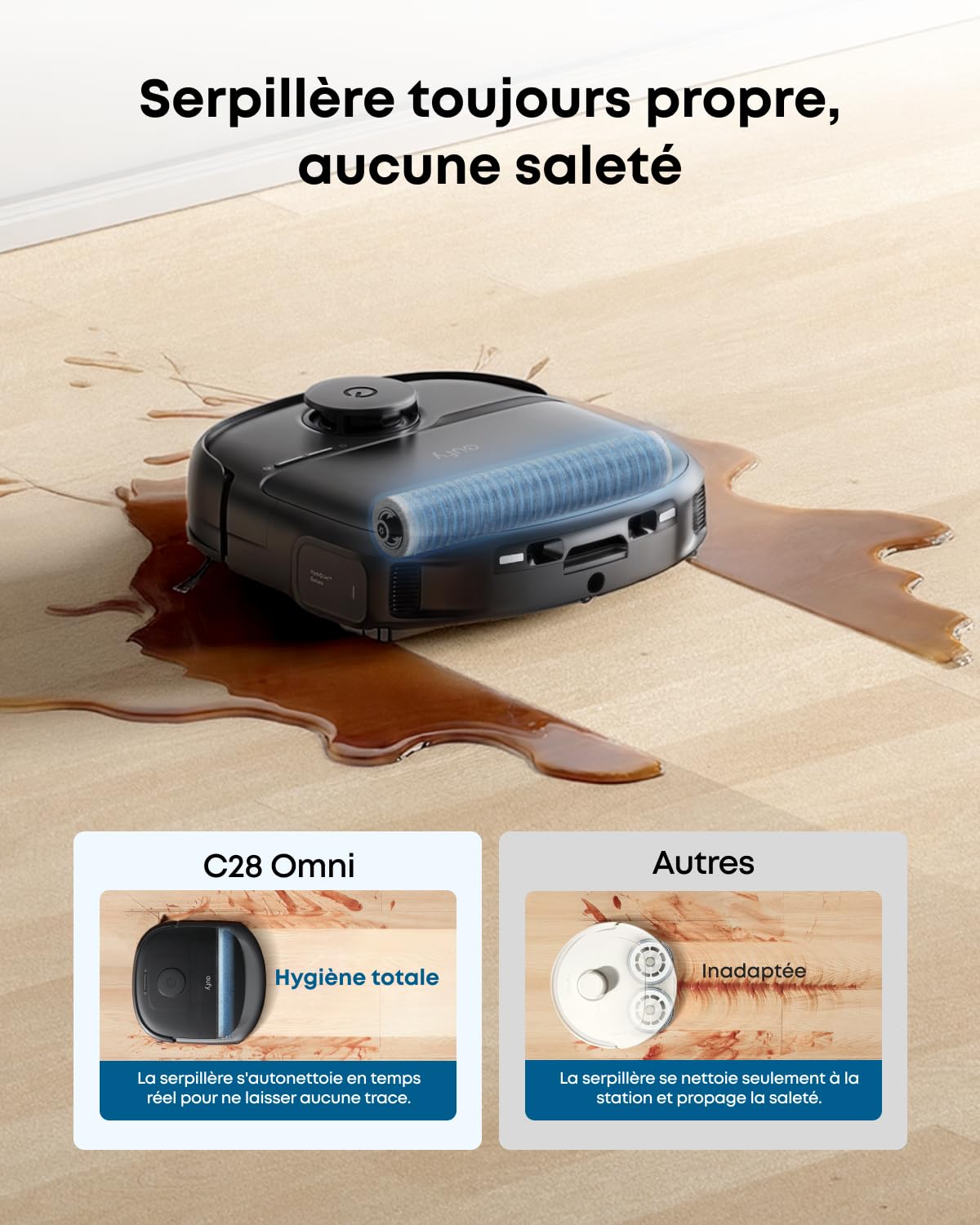 Robot aspirateur Laveur eufy C28 | Rouleau-serpillère HydroJet autonettoyant, 15 000 Pa, combo 5-en-1, conception anti-nœud, évitement des obstacles par IA