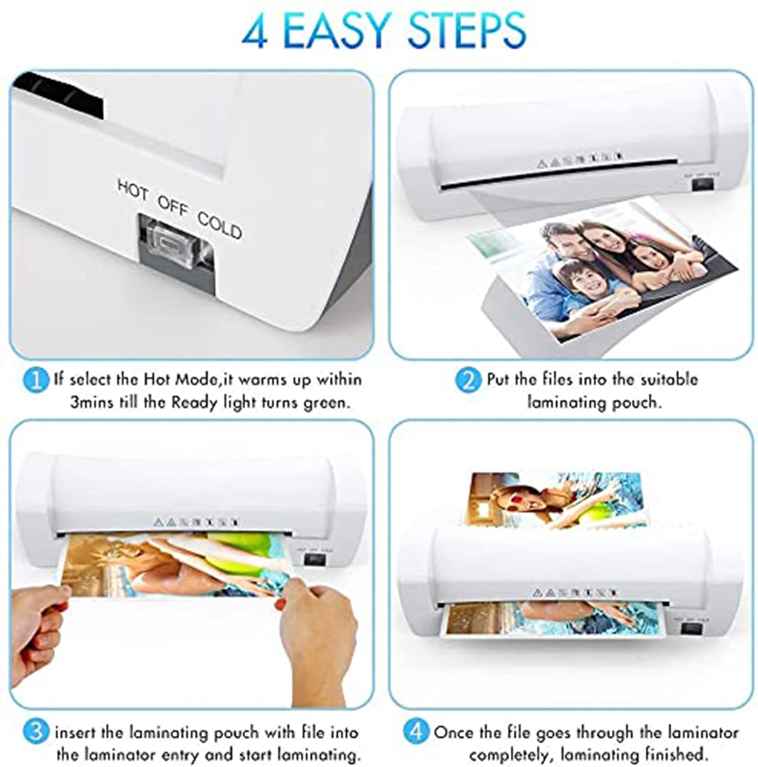 Four easy steps for using the laminator: selecting mode, inserting document into pouch, feeding into machine, and finished lamination