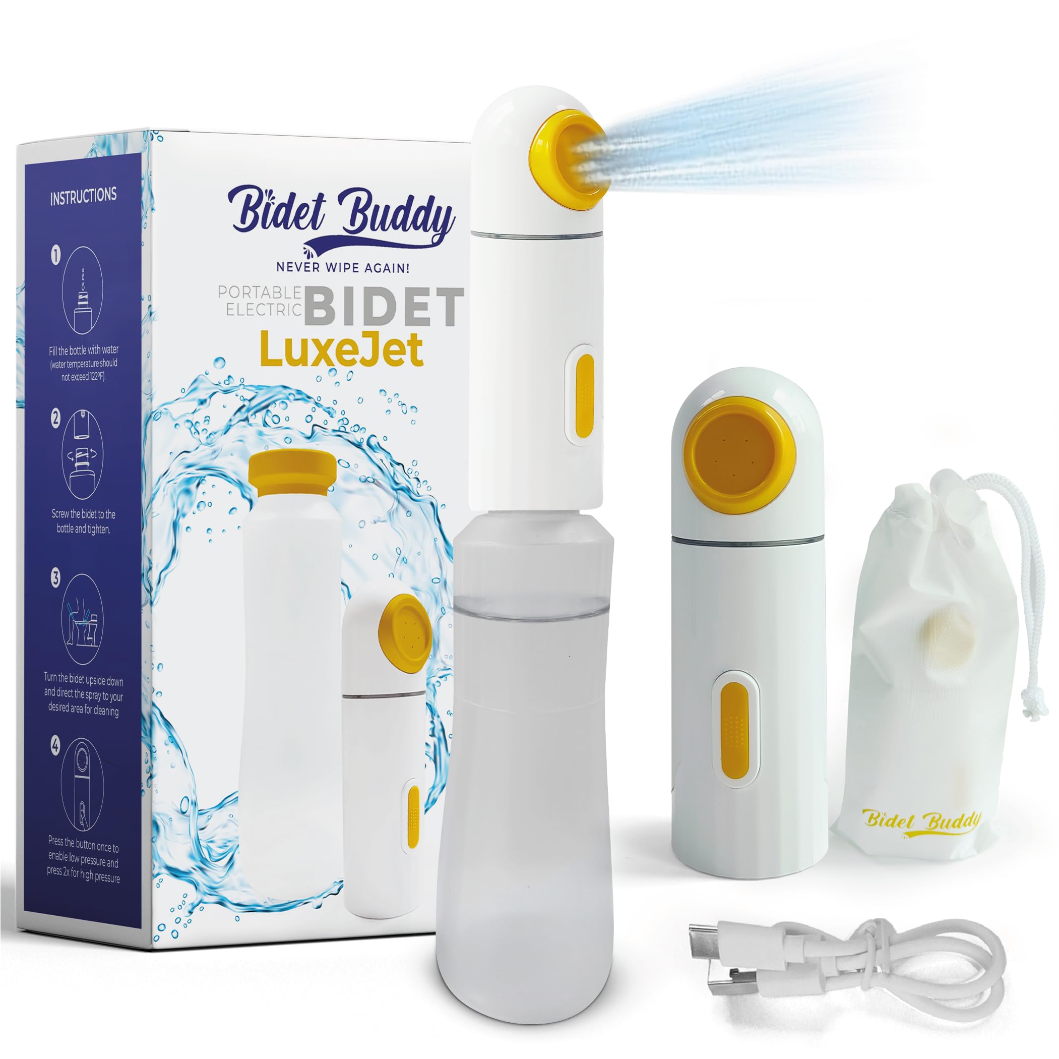 Bidet Buddy™ LuxeJet Portable Bidet | Gentle Pressure | Travel Bidet | 350ML Portable Bidet for Travel | Handheld Bidet | Rechargeable Electric Portable Bidet for Women/Men | Postpartum Essentials