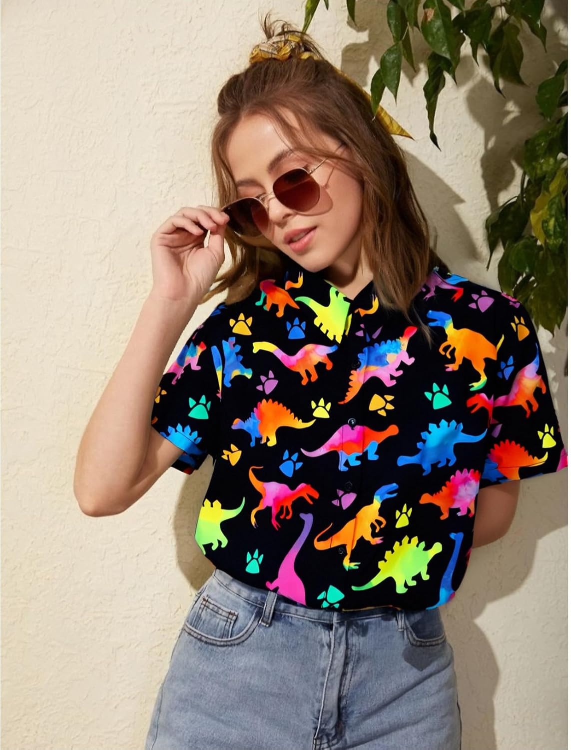 UNIQUEONE Dinosaur Shirt Women Cute Dinosaur Graphic Tees Hawaiian Dino Button up Tops - Image 3