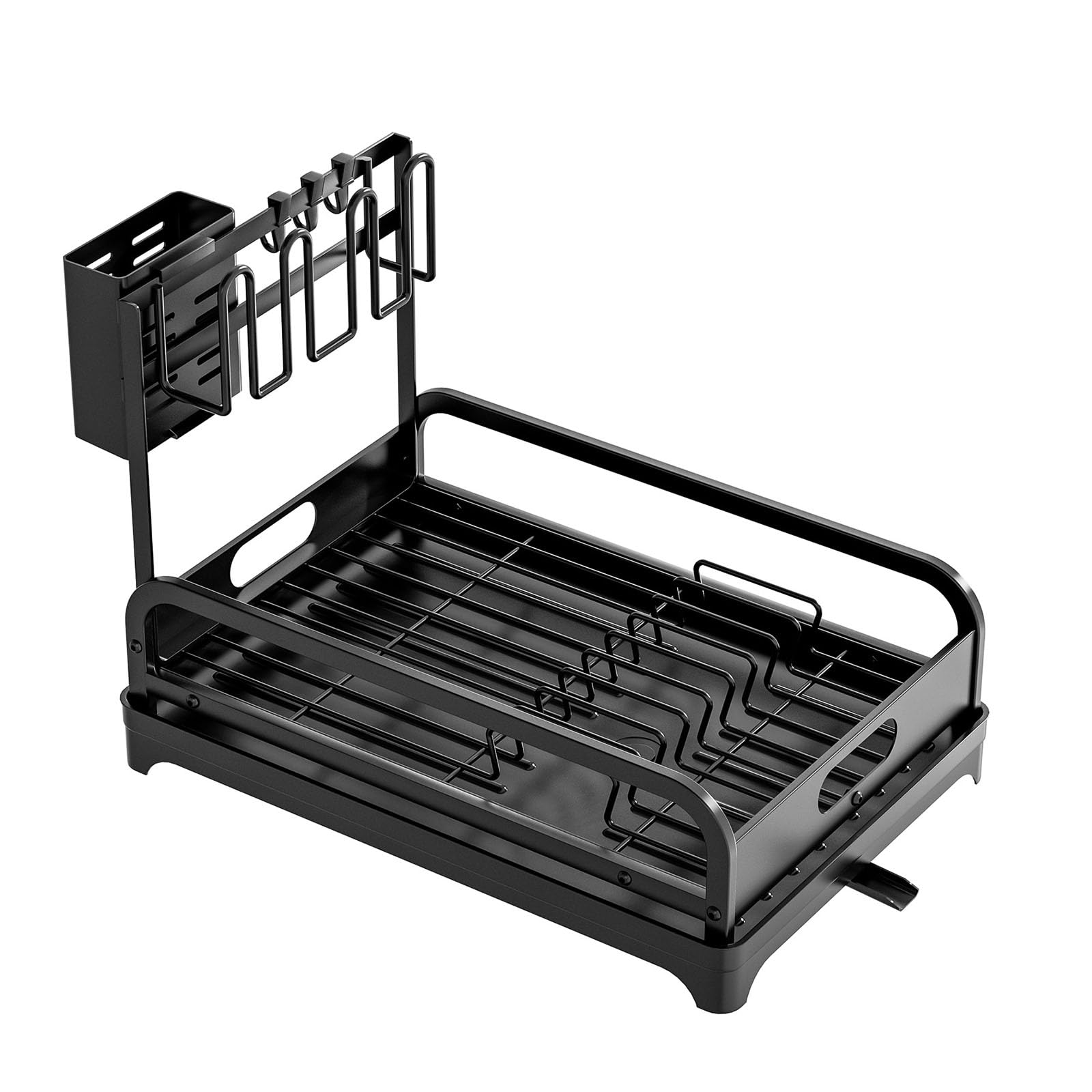 Escurridor de platos negro con tabla de drenaje, organizador de cocina que ahorra espacio, soporte para tazas y cubiertos, bandeja escurreplatos eficiente para soluciones de secado de encimera
