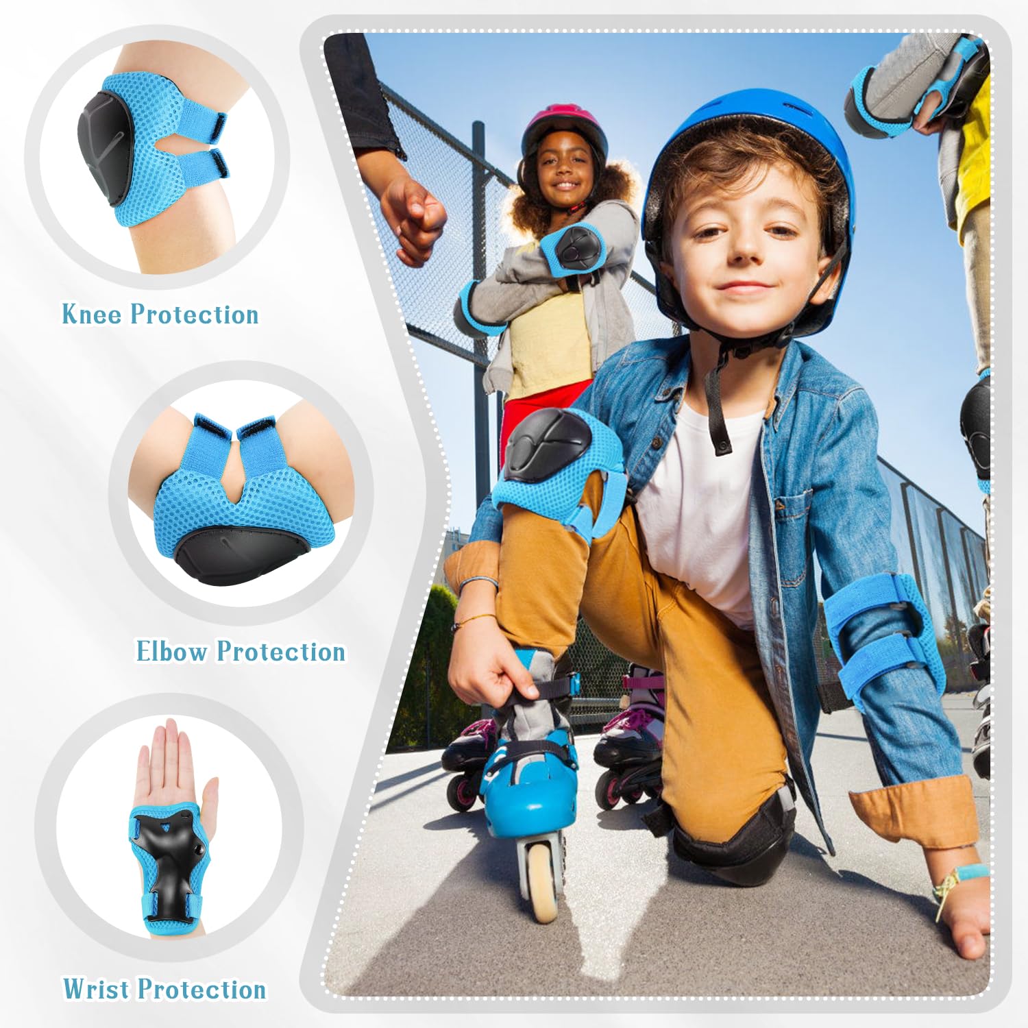 Kids Knee And Elbow Pads ,6pcs Wrist Guard Knee And Elbow Pads for Children Kids Sports Protective Gear Set including Mesh Bag for Skateboard Roller Skating - Image 2