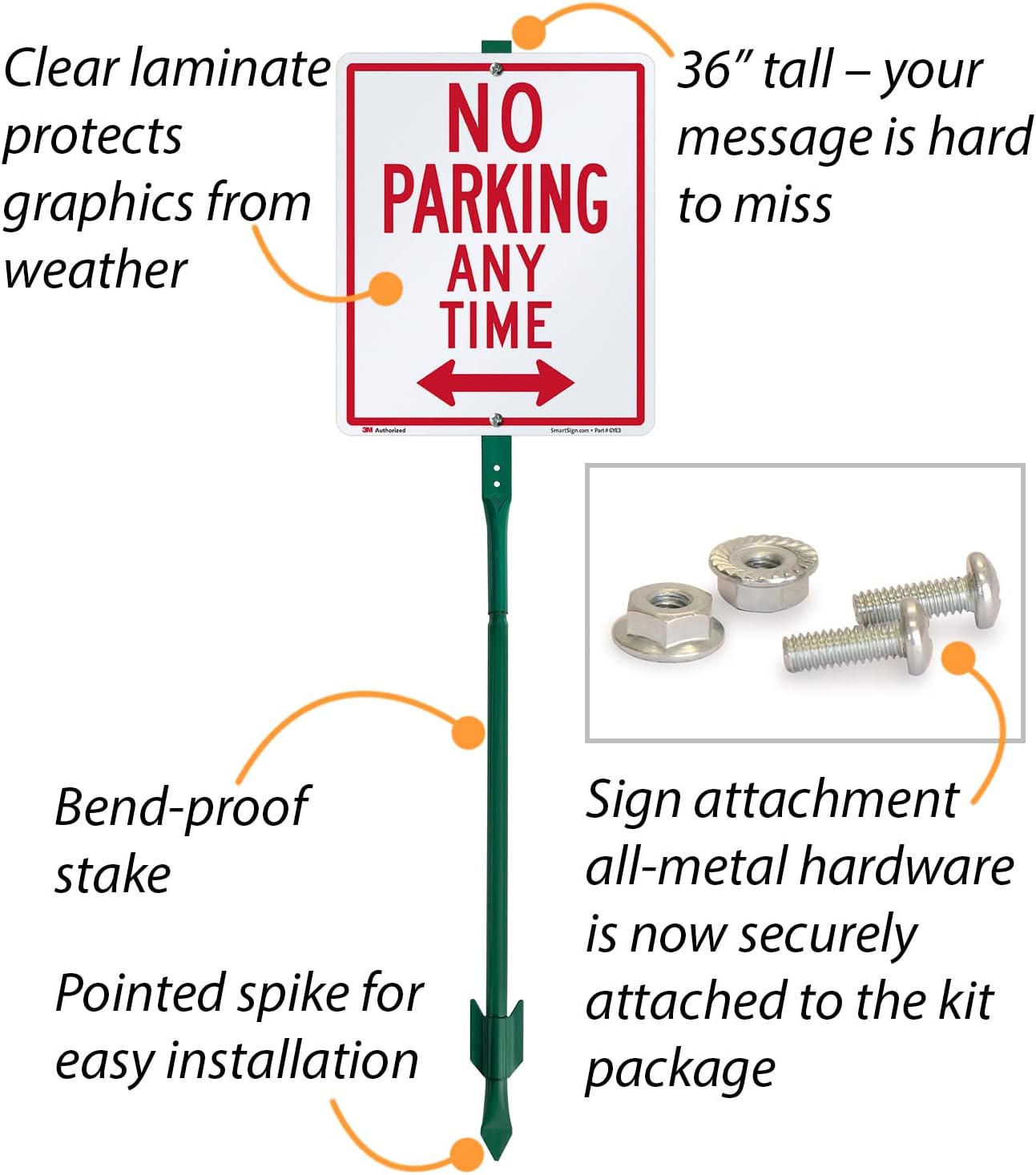 SmartSign 12 x 10 inch “No Parking Any Time” Yard Sign with 3 foot Stake, 40 mil Aluminum, 3M Laminated Engineer Grade Reflective Material, Red and White, Set of 1