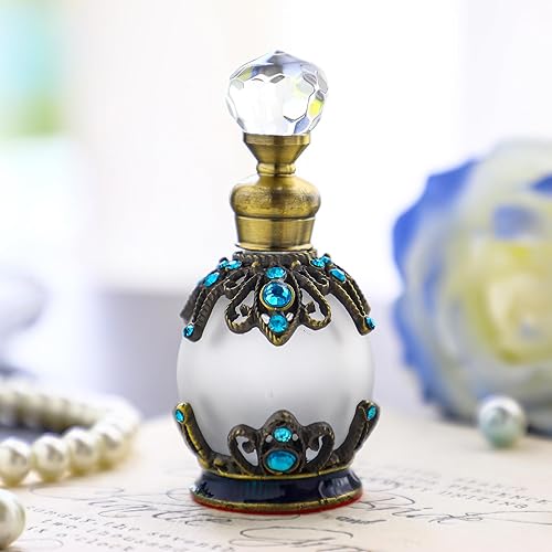 YU FENG Botella de perfume de cristal decorativa de 0.5 onzas líquidas, rellenable, pequeña botella de perfume de cristal vintage, Azul