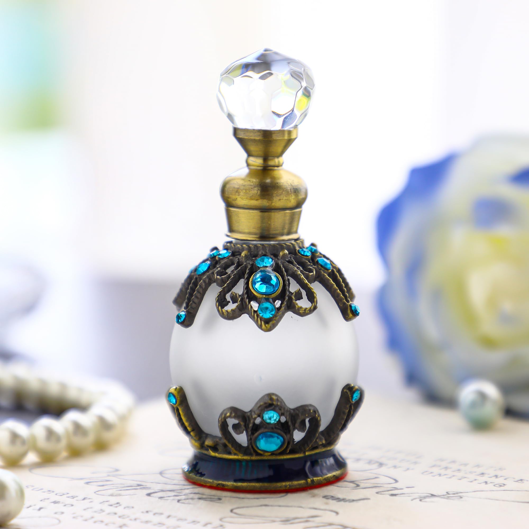 YU FENG 15ml Antique Empty Refillable Perfume Bottle Blue Rhinestones Embellished Fancy Retro Fragrance Bottle Scent Bottle