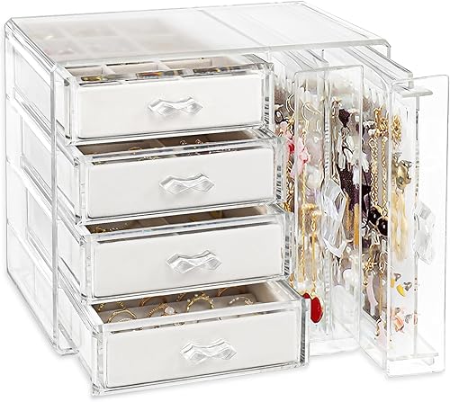 Caja organizadora de joyas de acrílico, soporte transparente para aretes, cajas colgantes de joyería con 4 cajones de terciopelo para aretes,