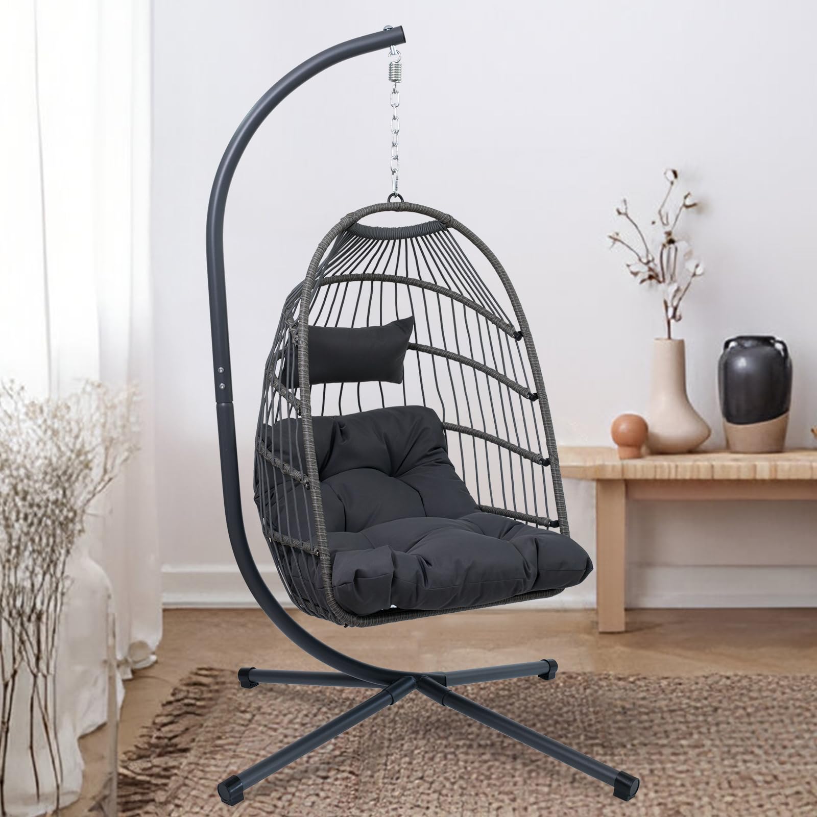 Egg Chair with Stand Outdoor Foldable Patio Wicker Hanging Swing Chairs for Bedroom Balcony with Cushions 350Lbs Indoor Lounge Basket All Weather Hammock Swinging Chair