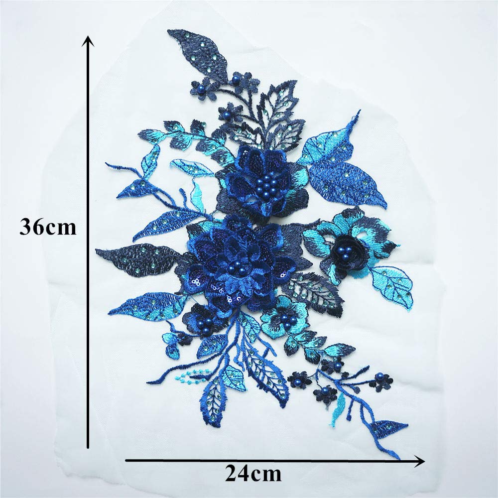 Appliques Broderie Dentelle Bleu Roi 2 Pièces - Fleurs 3D, Pompons, Perles Pour Robe Mariée DIY