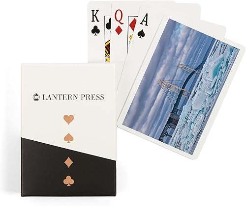 Mackinaw City, Michigan, Paisaje invernal de fragmentos de hielo azul y el puente Mackinac (52 cartas, baraja de cartas de tamaño póquer con