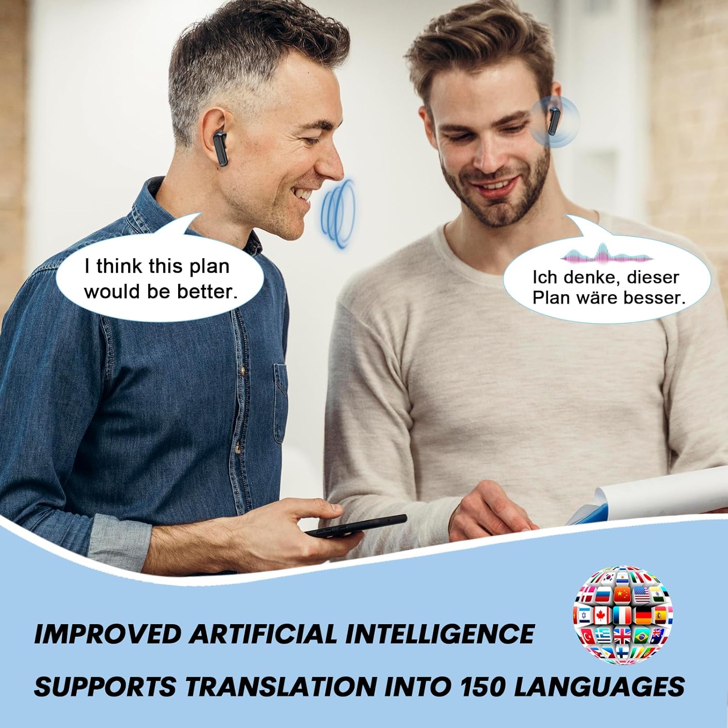 Image showing two men conversing, with speech bubbles indicating translation. One says 'I think this plan would be better.' and the other's bubble shows the German translation. The text below highlights 'IMPROVED ARTIFICIAL INTELLIGENCE SUPPORTS TRANSLATION INTO 150 LANGUAGES'.
