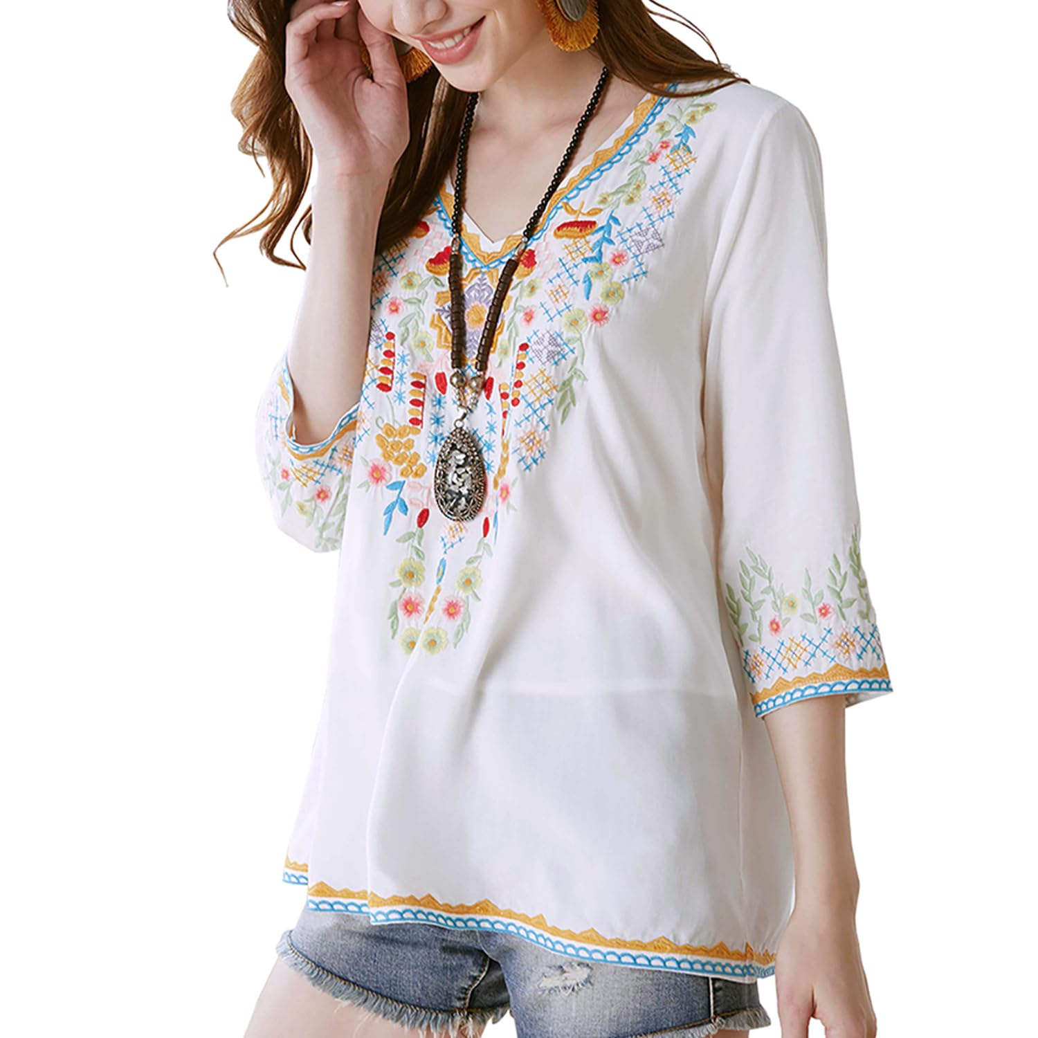 Ropa Hippie para Mujer Blusa Bordada de Folclore Bohemio Túnica de Manga 3/4 con Cuello en V Top Informal de Verano