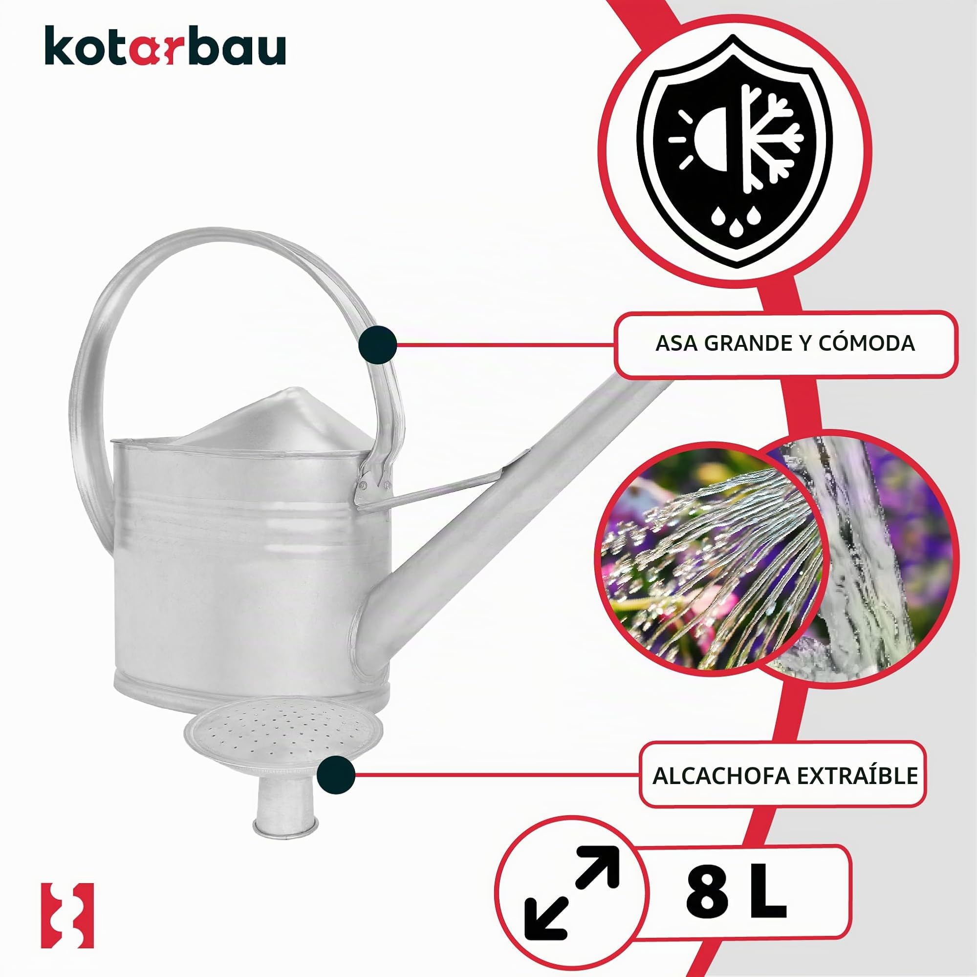 KOTARBAU® Regadera - 8 L - Acero Galvanizado - Regadera Plantas - Plata - para Jardín y Planta de Interior - con Ducha Extraíble - Riego de Plantas - Uso Exterior e Interior
