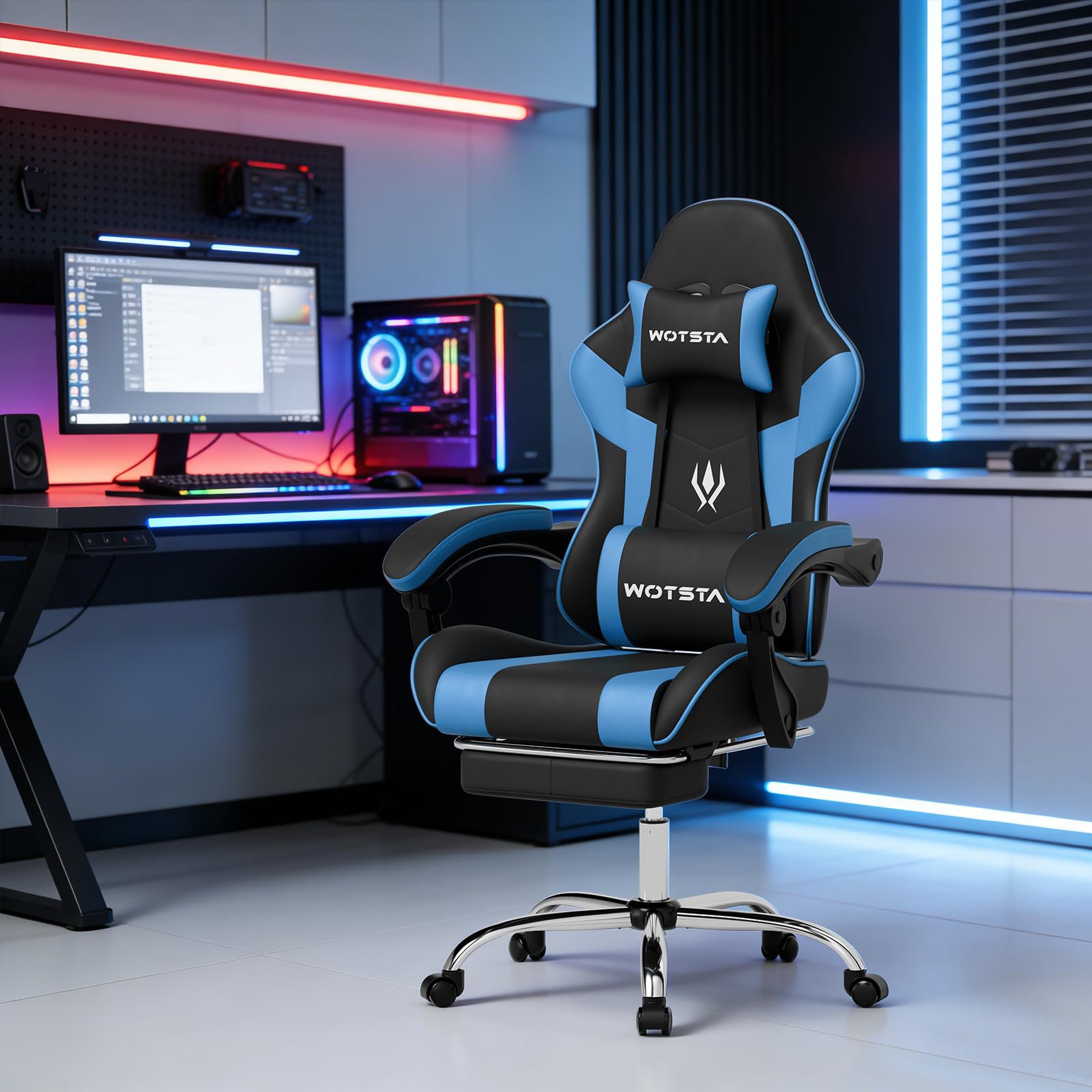 Gaming Stuhl, ergonomiischer Bürostuhl, höhenverstellbar Gamer Chair mit ausziehbarer Fußstütze, Computerstuhl mit Lendenstütze, Gaming Sessel 135°