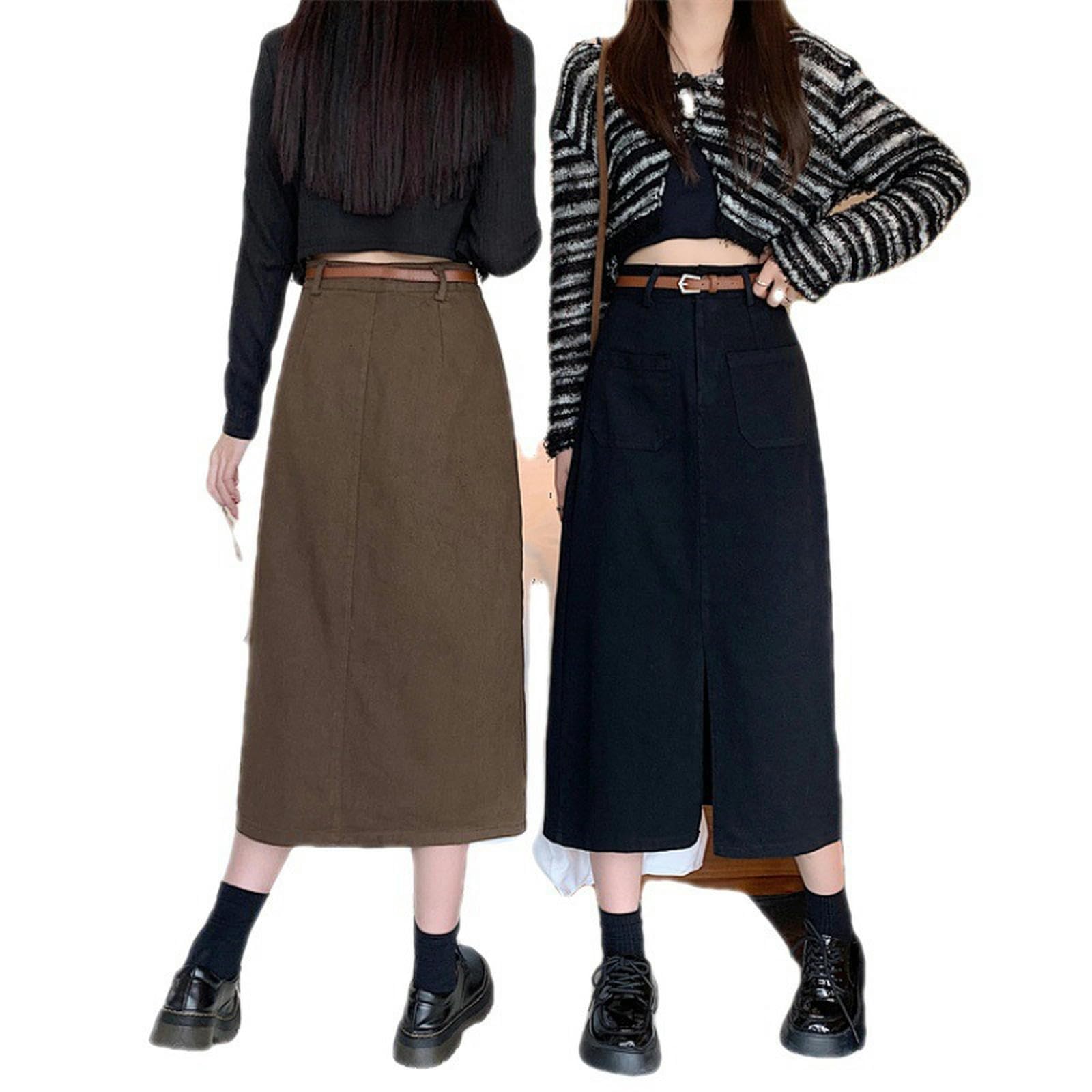Gonna Lunga Donna Gonna delle Donne A Vita Alta Elastica A-Linie Dimagrante Middle Slit Denim Gonna per Le Donne con Cintura Inclusa-Nero-m