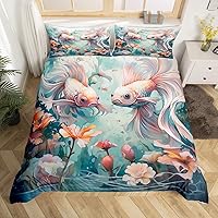 Vista 17 de Betta Fish - Juego de funda de edredón de peces tropicales, acuarela, animales marinos, algas marinas, coral submarino, vida marina (sin relleno)