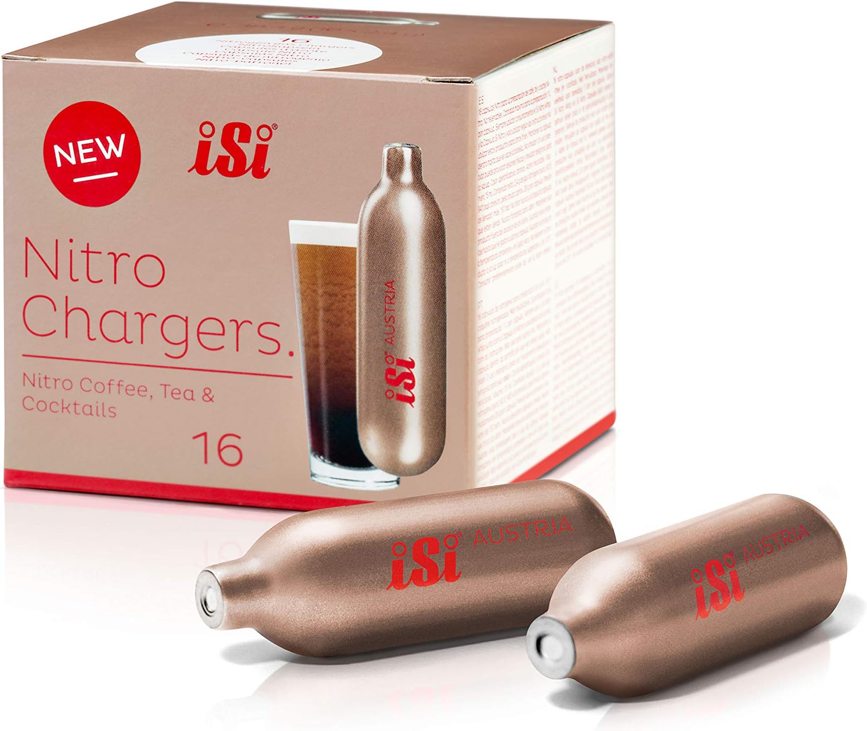 iSi Nitro Charger with Nitrogen Gas for use with iSi Nitro Whip, Box of 16 Individual Chargers | Pack of 1 | Bronze