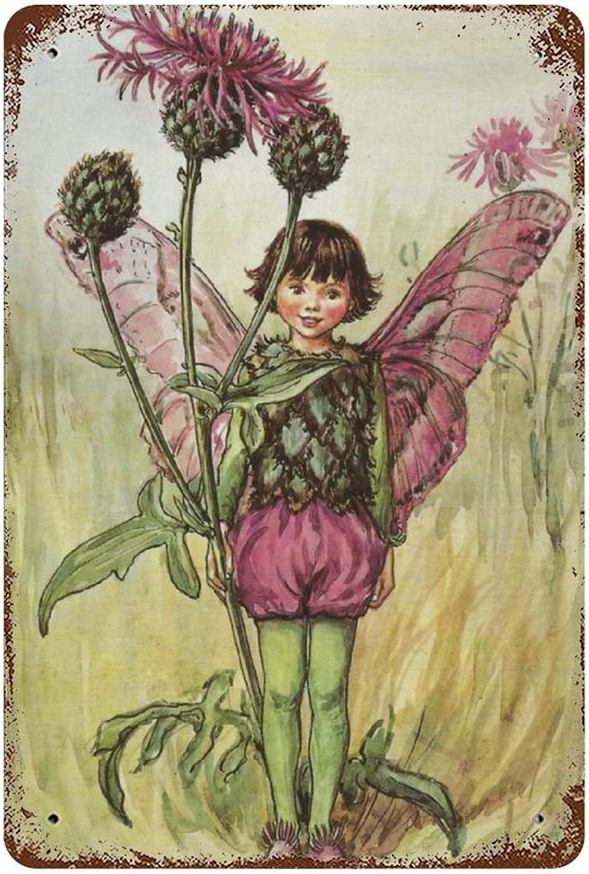 Kwqdozf 13-Flower Fairy Style 8X12 Inch Retro Metal Tin Sign Greater Knapweed Fairy Flower Fairies Vintag