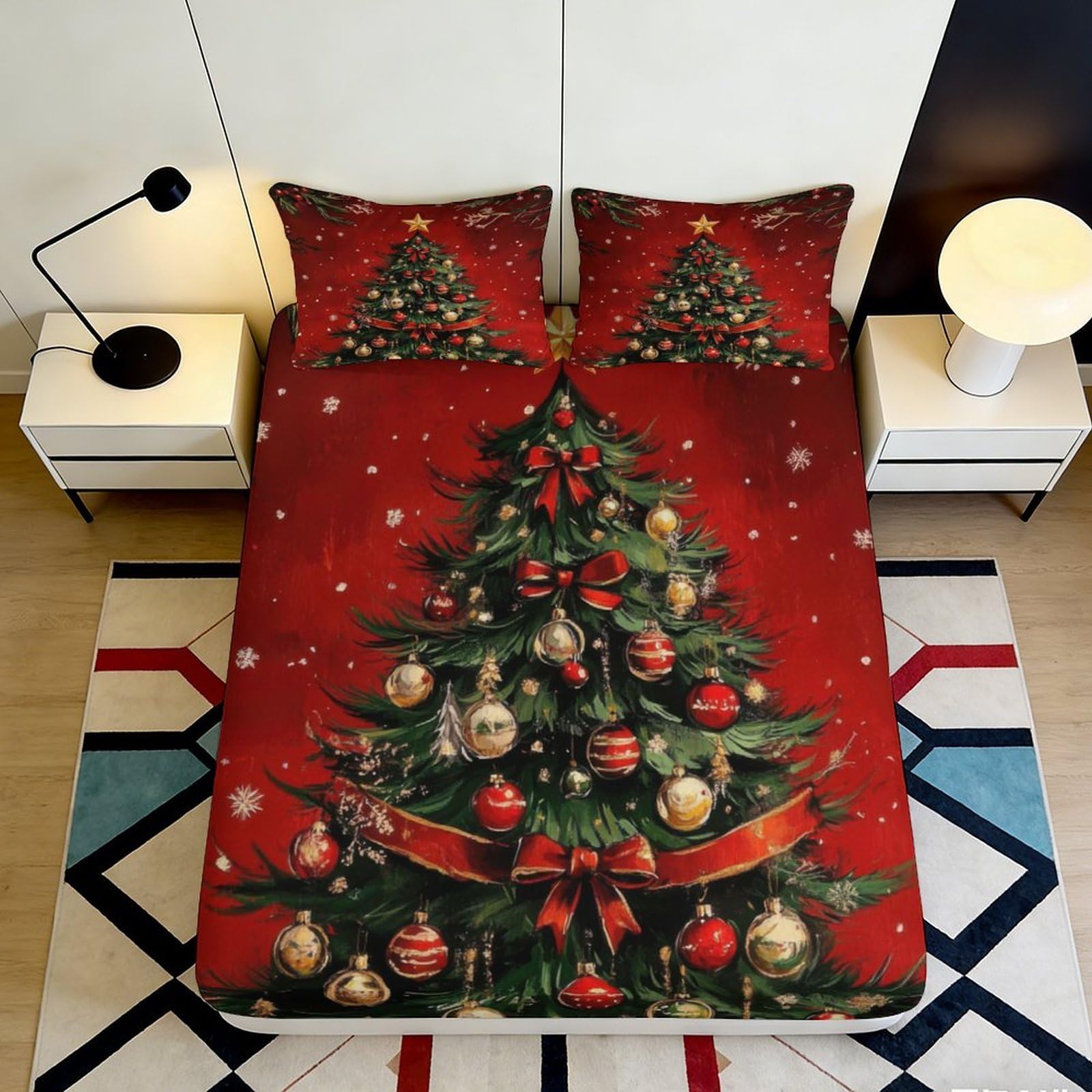 Jqzkxnhpbr Style-9 3D Printed Christmas Tree Fitted Sheet Microfiber Red Festive Bedroom Decor Snowflake Bed Cover For Home Dorm 90X200x25cm