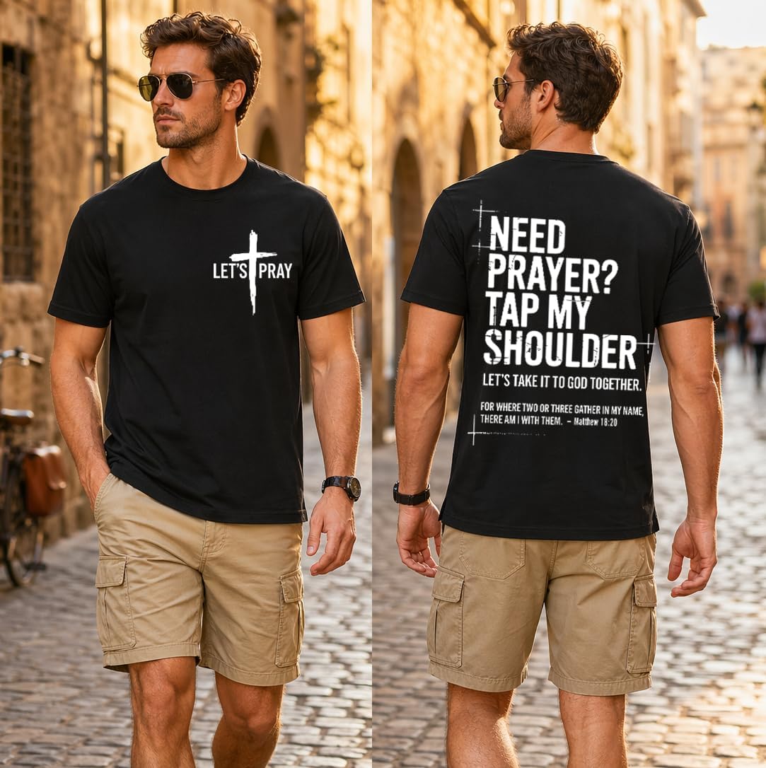 Christian Shirts for Men Need Prayer Tap My Shoulder T-Shirt Cross Faith | Christian Cross Faith Religious Jesus Tshirts Women