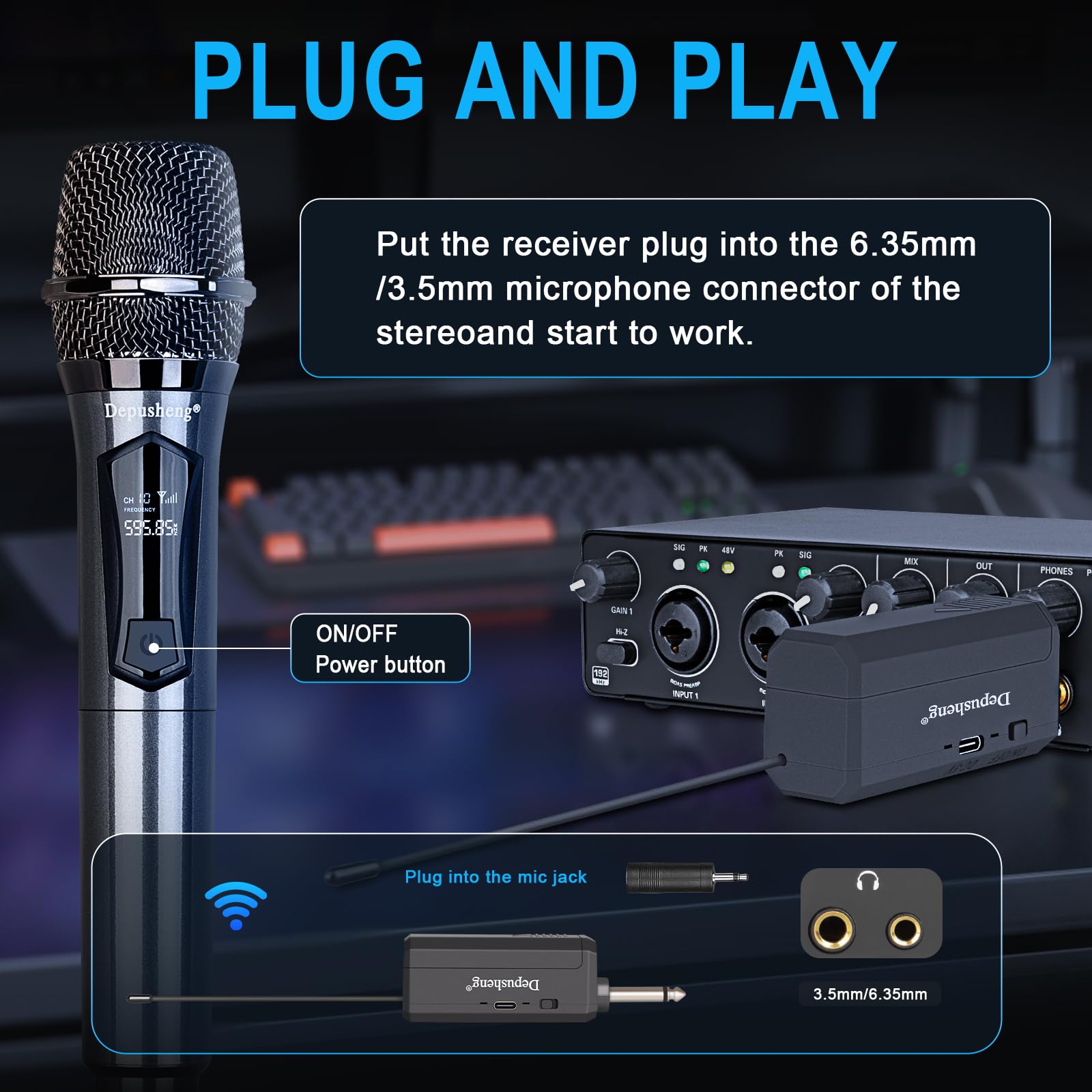 Depusheng Microphones sans fil, double système de karaoké, microphonos Inalambricos avec récepteur rechargeable, microphone dynamique sans fil pour chant, mariage, DJ, fête, discours